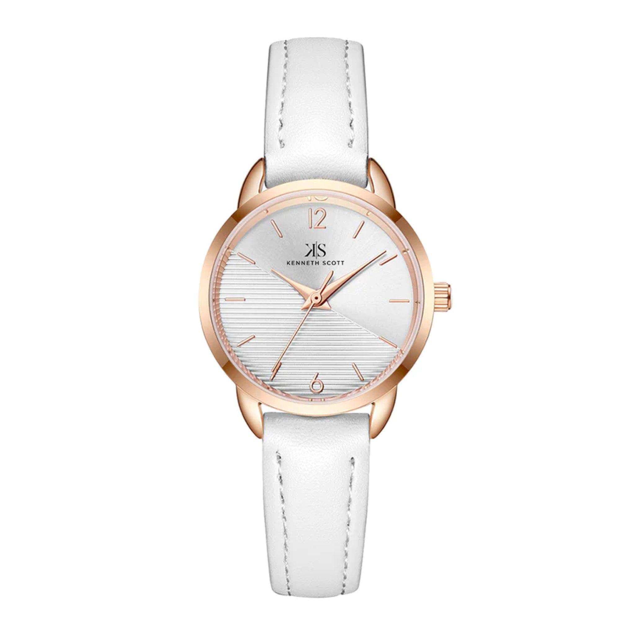 ساعة يد نسائية ذهبية بحزام من الجلد الطبيعي كينيث سكوت Kenneth Scott Women's Analog Watch