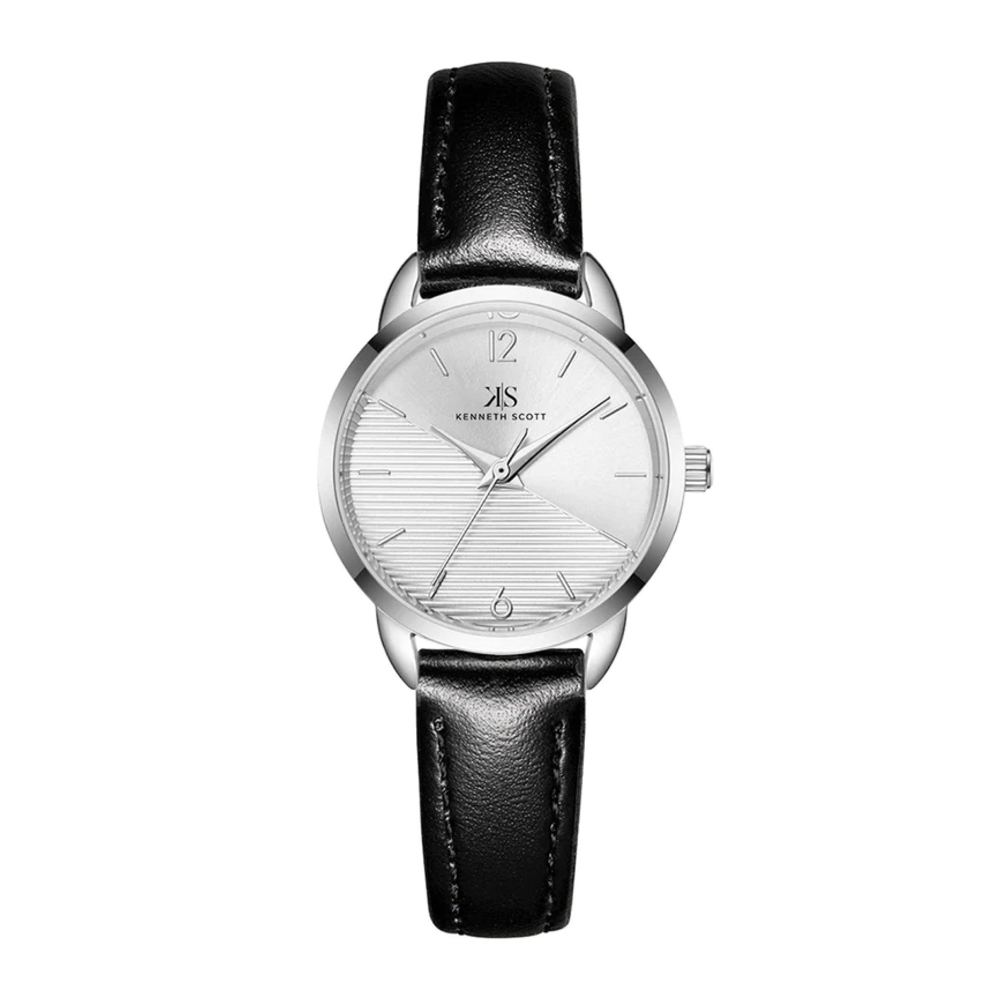 ساعة يد نسائية فضية بحزام من الجلد الطبيعي كينيث سكوت Kenneth Scott Women's Analog Watch