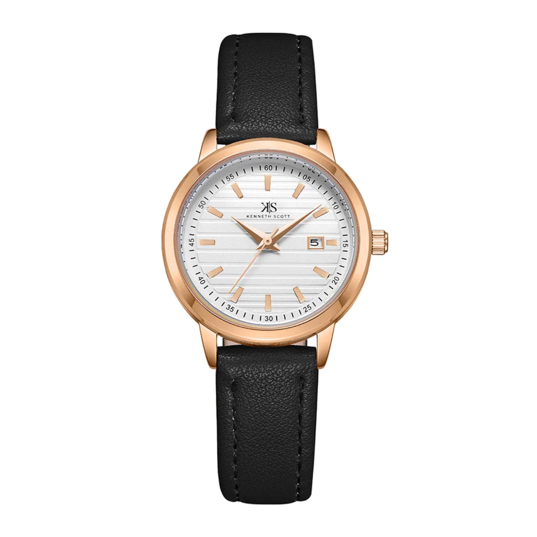 ساعة يد نسائية ذهبية بحزام من الجلد الطبيعي كينيث سكوتKenneth Scott Women's Analog Watch