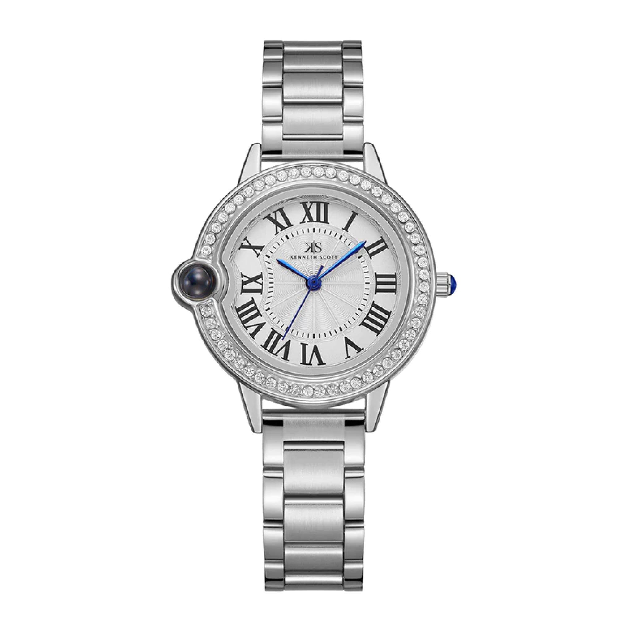 ساعة يد نسائية فضية بحزام معدني مقاوم للصدأ كينيث سكوت Kenneth Scott Women's Analog Watch