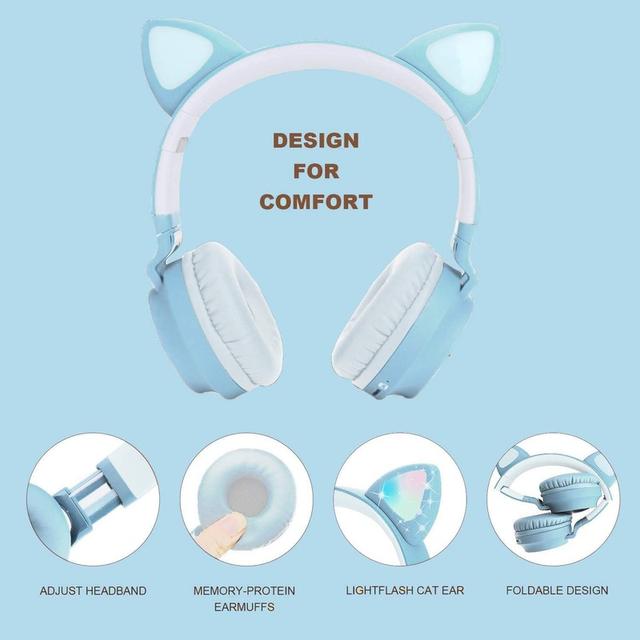 Sandokey Kids Bluetooth 5.0 Cat Ear Headphones Foldable On-Ear Stereo Wireless Headset With Mic Led Light And Volume Control Support Tf Card Aux In Compatible With Smartphones Pc Tablet (Assorted Color) - SW1hZ2U6MTg0MTY4Mg==