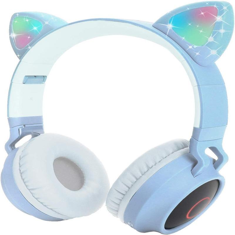 Sandokey Kids Bluetooth 5.0 Cat Ear Headphones Foldable On-Ear Stereo Wireless Headset With Mic Led Light And Volume Control Support Tf Card Aux In Compatible With Smartphones Pc Tablet (Assorted Color)