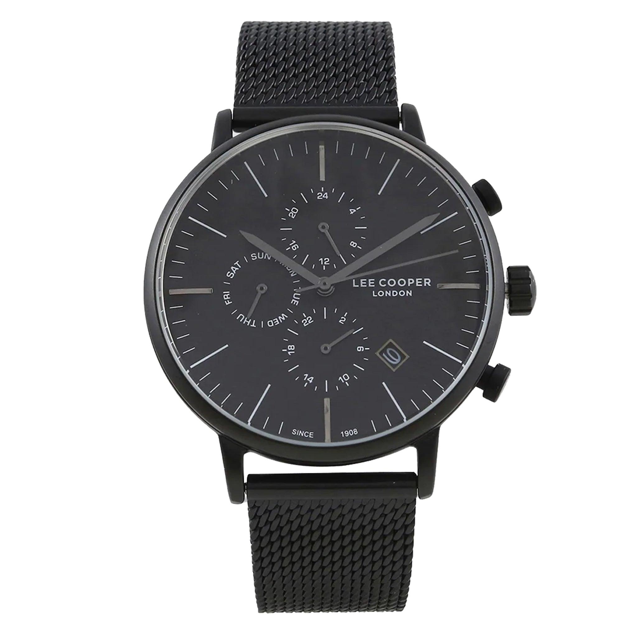 ساعة يد رجالية - أسود و مينا باللون الأسود - بحزام أسود فولاذي مقاوم للصدأ لي كوبر Lee Cooper Chronograph Watch With Stainless Steel Strap