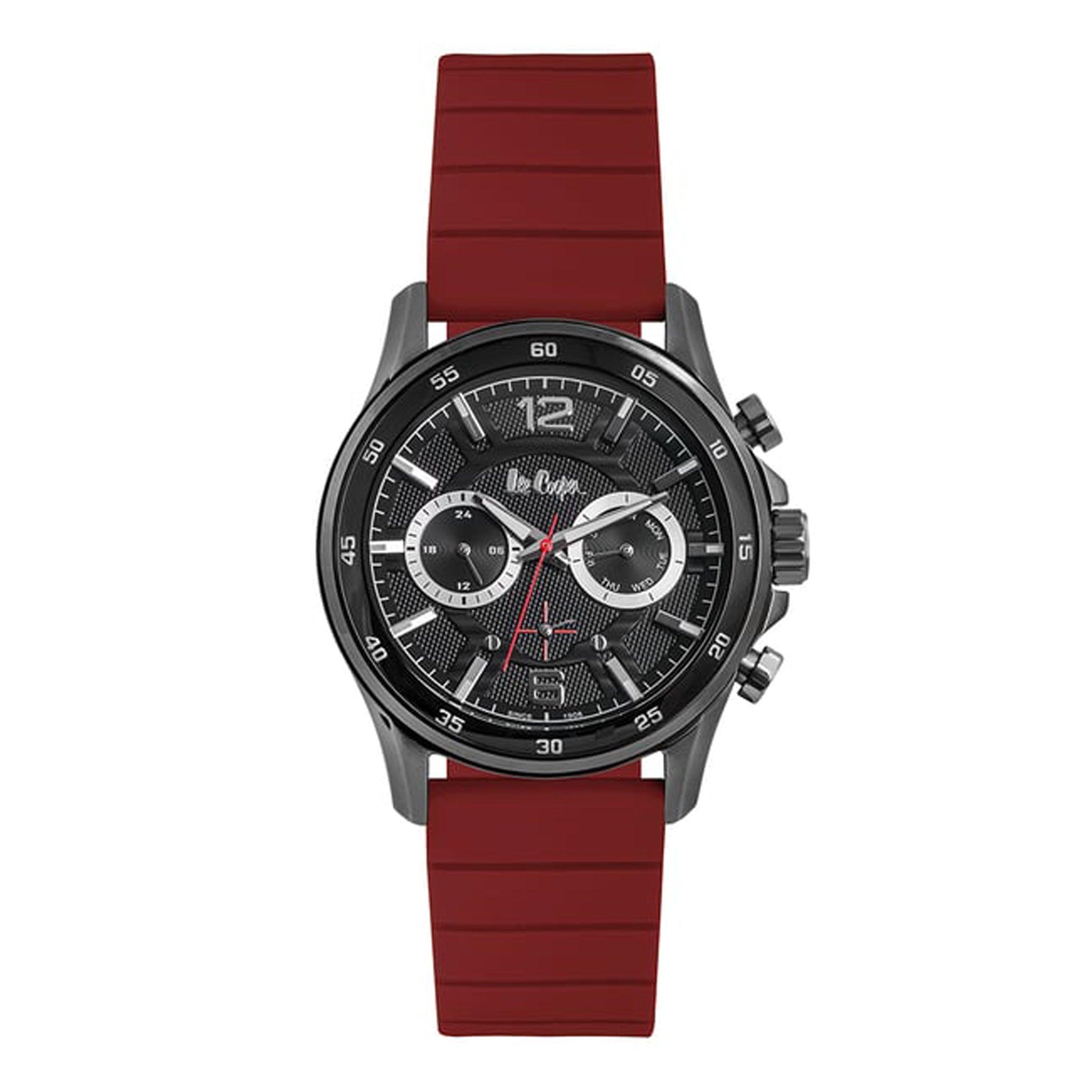 ساعة يد رجالية متعددة الوظائف - أسود و مينا باللون الأسود - بحزام أحمر من السيليكون لي كوبر Cooper Men's Multi Function Watch