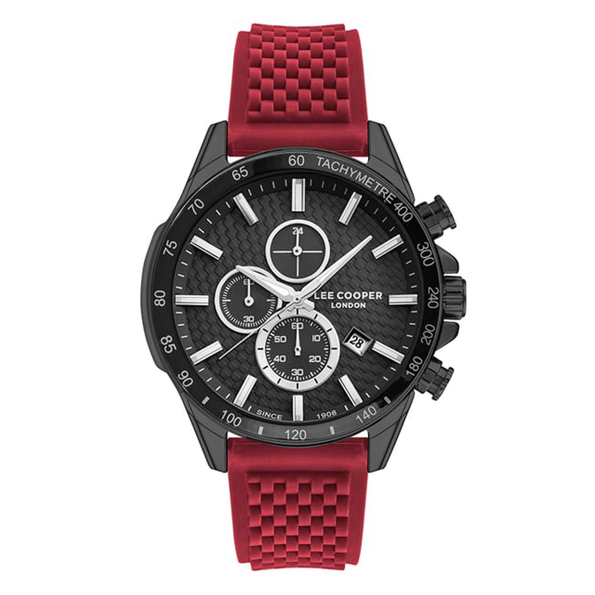 ساعة يد رجالية - أسود و مينا باللون الأسود - بحزام أحمر من السيليكون لي كوبر Lee Cooper Men's Multi Function Watch