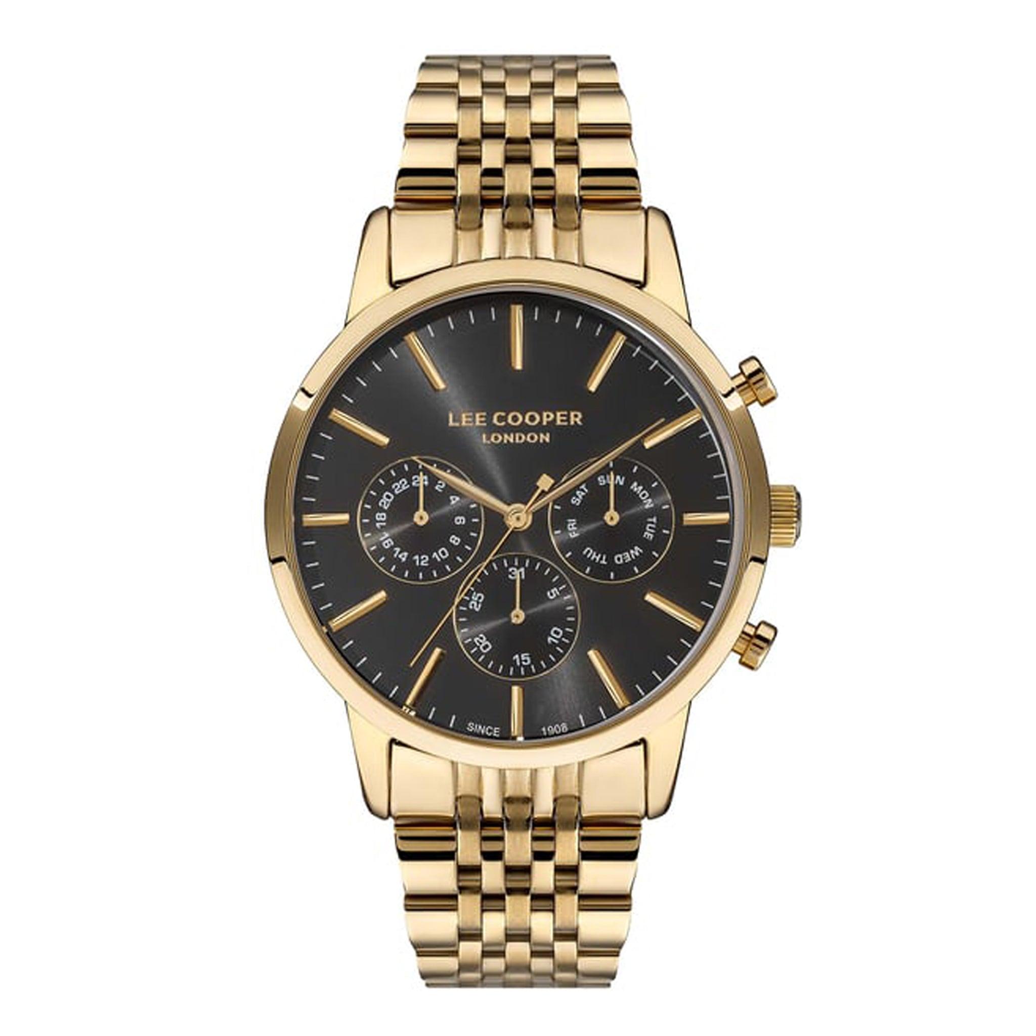 ساعة يد رجالية - ذهبي و مينا باللون الأسود - بحزام ذهبي فولاذي مقاوم للصدأ لي كوبر Lee Cooper Men's Multi Function Watch