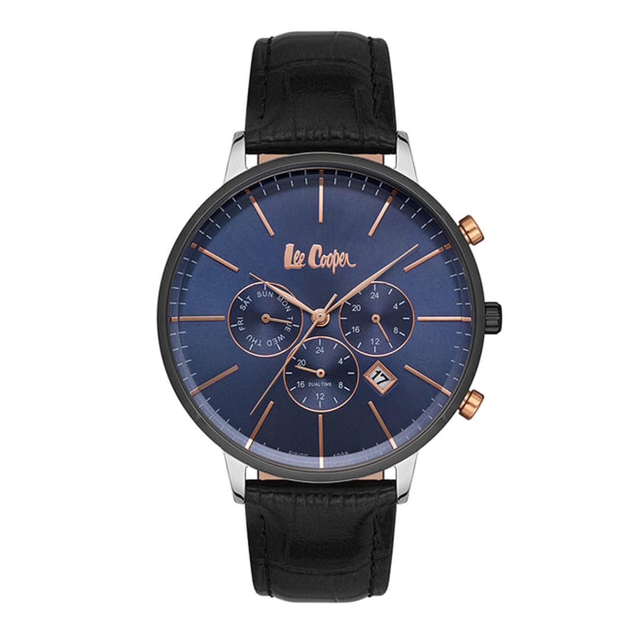 ساعة يد رجالية - أسود و مينا باللون الأزرق - بحزام أسود من الجلد الطبيعي لي كوبر Lee Cooper Men's Multi Function Blue Dial Watch