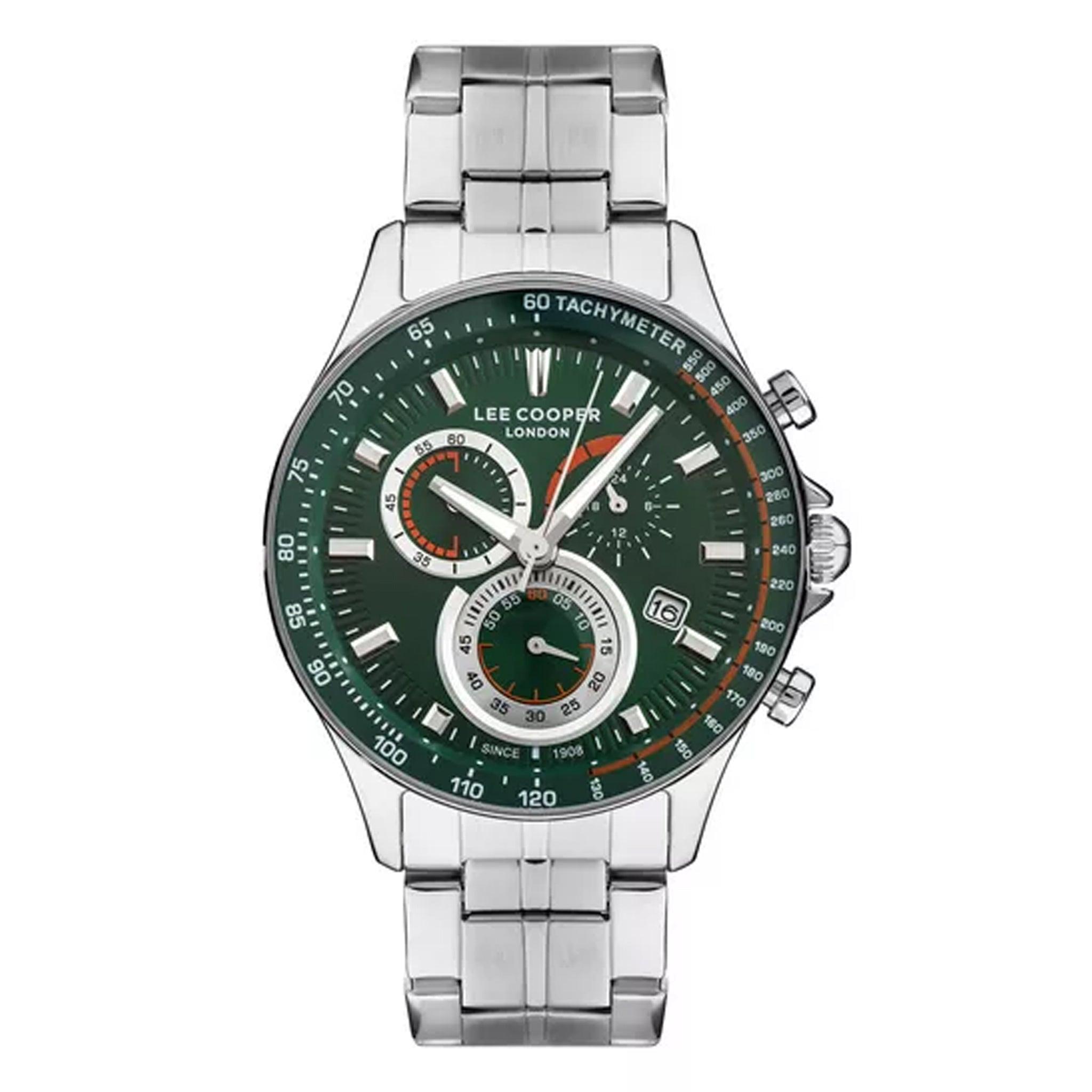 ساعة يد رجالية - أخضر و مينا باللون الأخضر - بحزام فضي فولاذي مقاوم للصدأ لي كوبر Lee Cooper Men's Multi Function Watch
