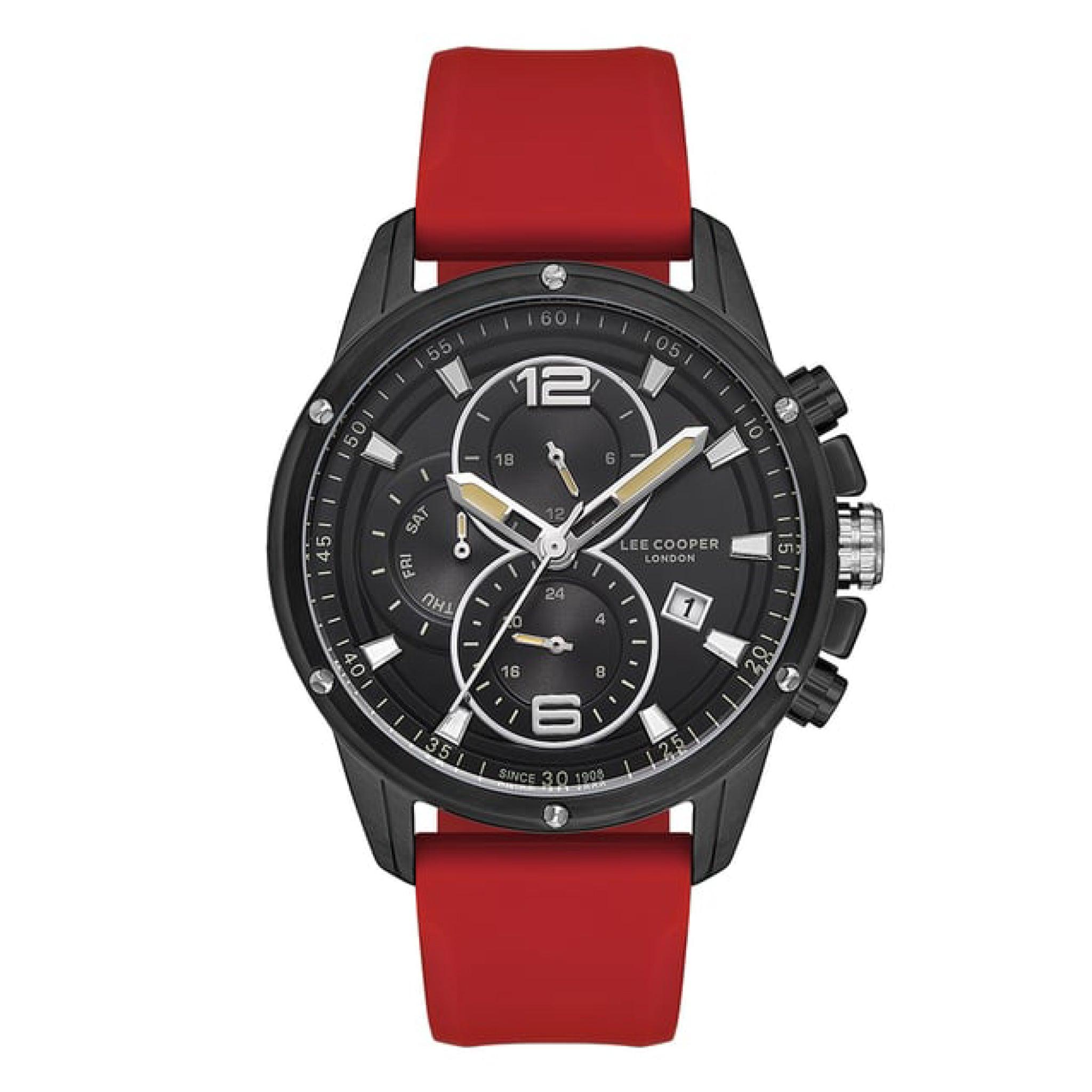 ساعة يد رجالية - أسود و مينا باللون الأسود - بحزام أحمر من السيليكون لي كوبر Cooper Men's Multi Function Watch