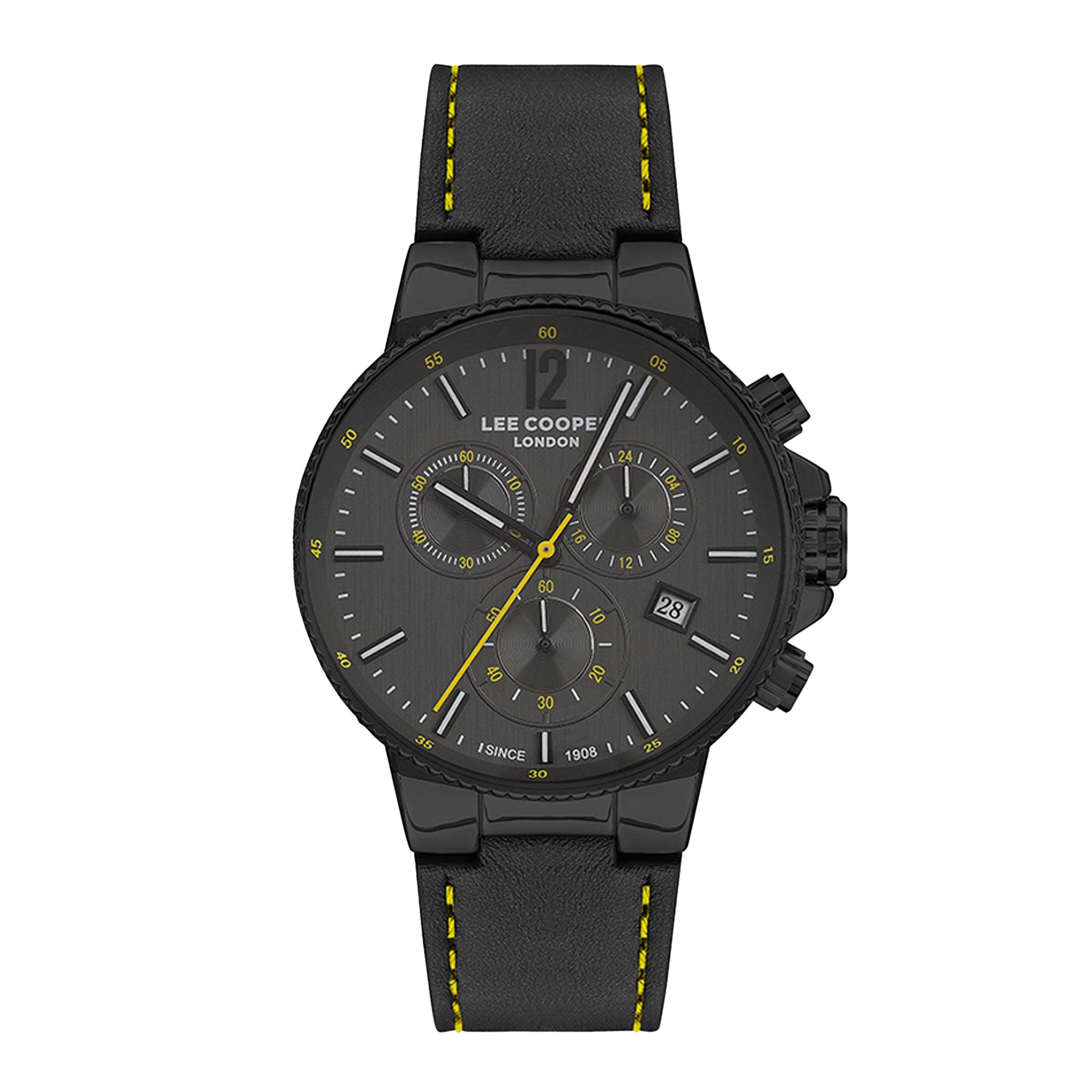 ساعة يد رجالية متعددة الوظائف - أسود و مينا باللون المعدني - بحزام أسود من الجلد الطبيعي لي كوبر Lee Cooper Multi Function Watch