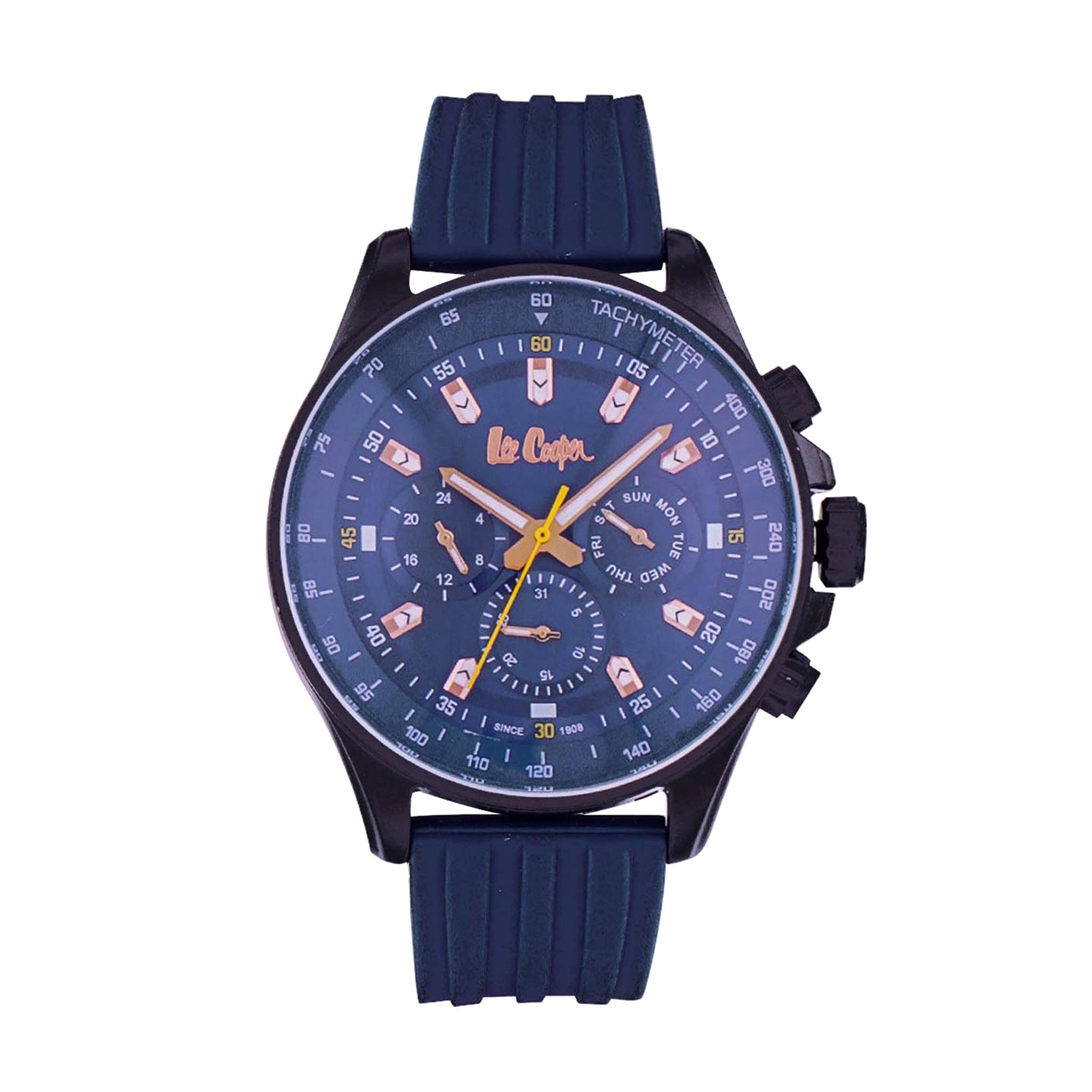ساعة يد رجالية  - أزرق و أسود و مينا باللون الأزرق - بحزام أزرق من السيليكون لي كوبر Lee Cooper Multifunction Men's Watch