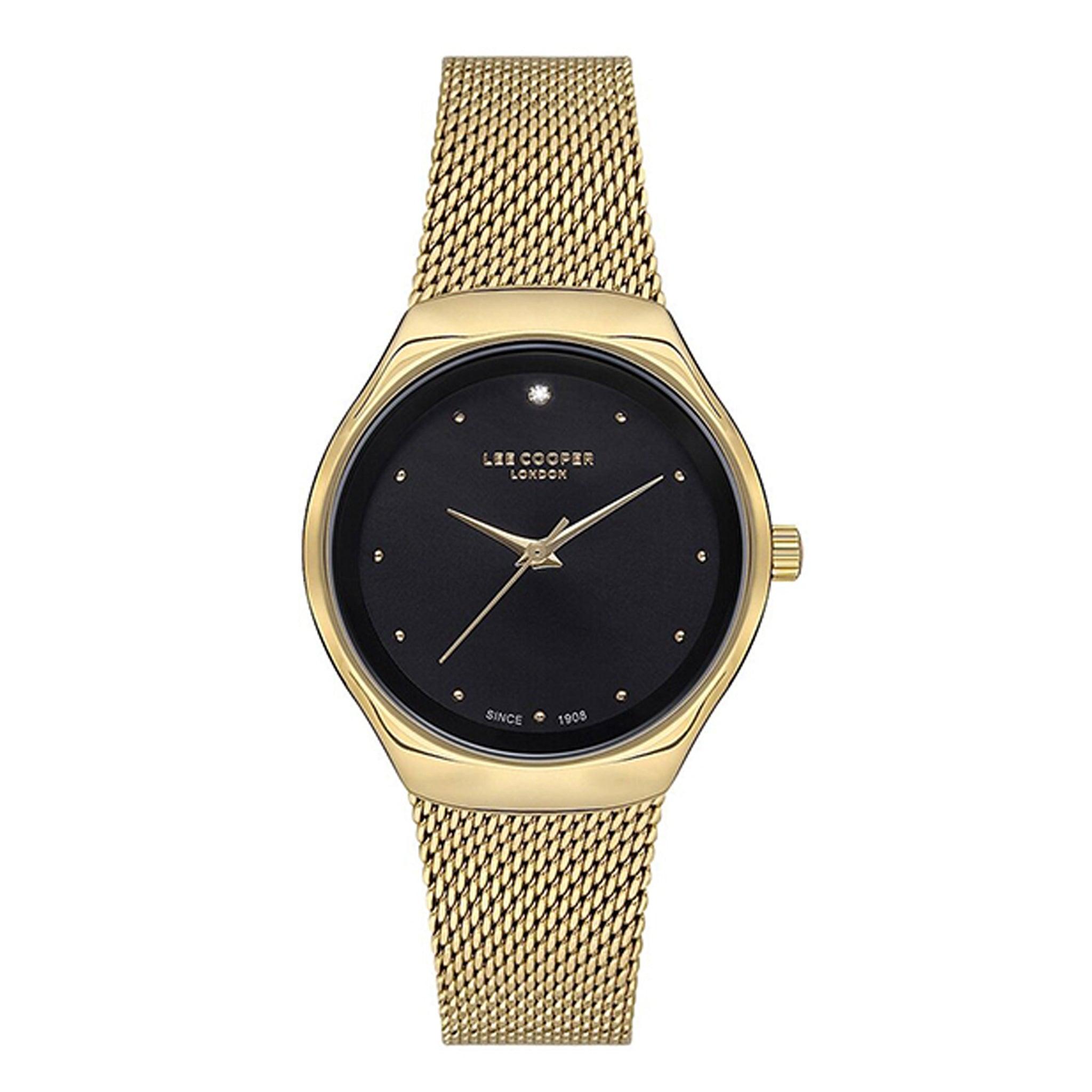 ساعة يد نسائية - ذهبي و مينا باللون الأسود - بحزام ذهبي وردي من الفولاذ المقاوم للصدأ لي كوبر Lee Cooper Women's Casual Watch , Analog