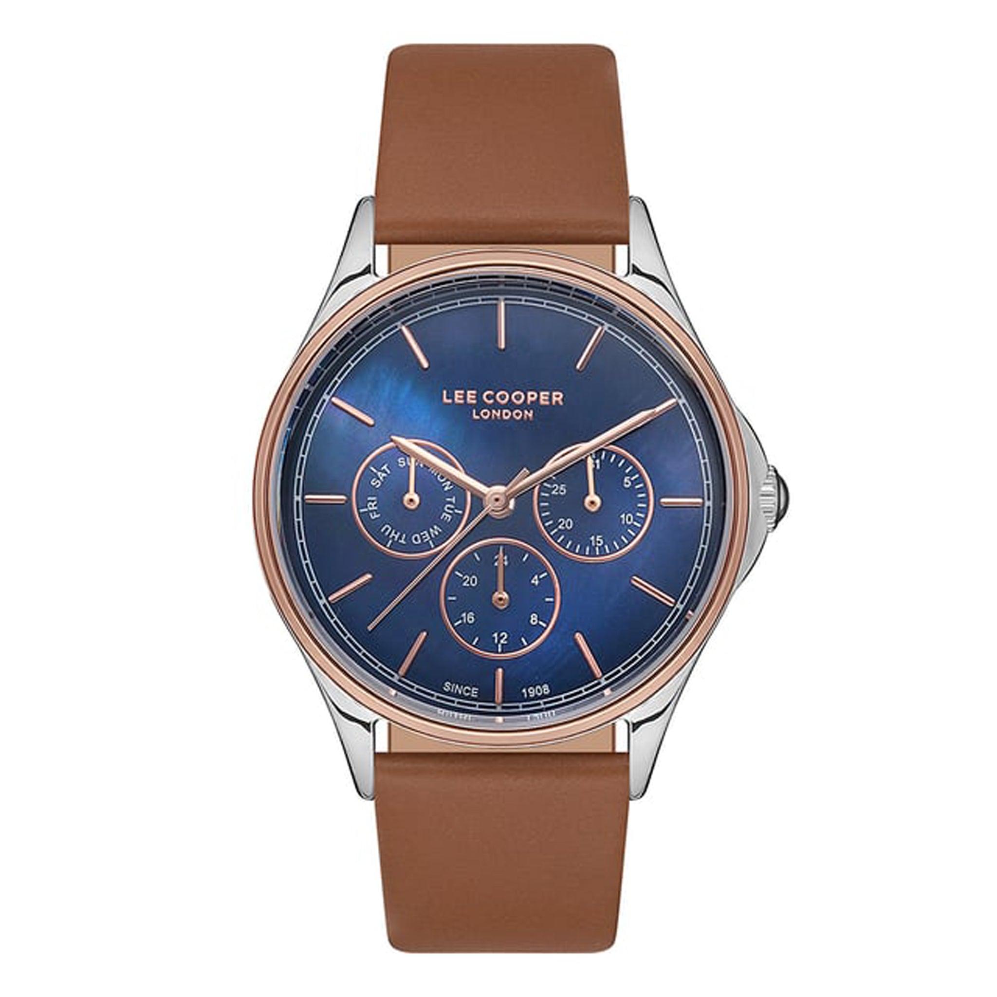 ساعة يد نسائية - بني و مينا باللون الأزرق الغامق - بحزام بني من الجلد الطبيعي لي كوبر Lee Cooper Women's Multi-Function Watch