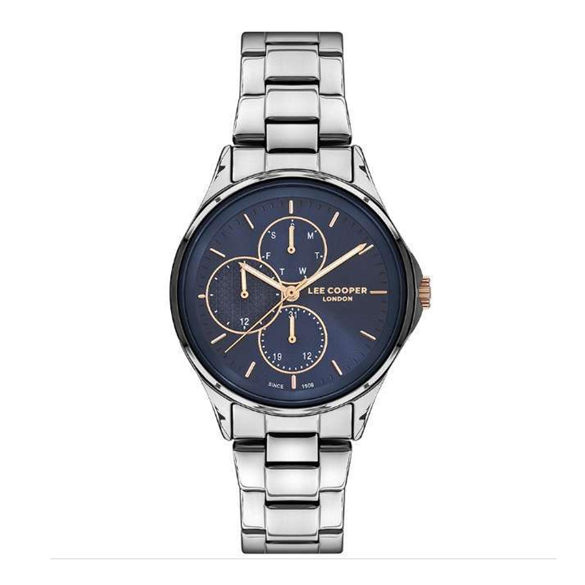 ساعة يد نسائية - فضي و مينا باللون الأزرق الغامق - بحزام فولاذي مقاوم للصدأ  لي كوبر Lee Cooper Women's Multi Function Watch