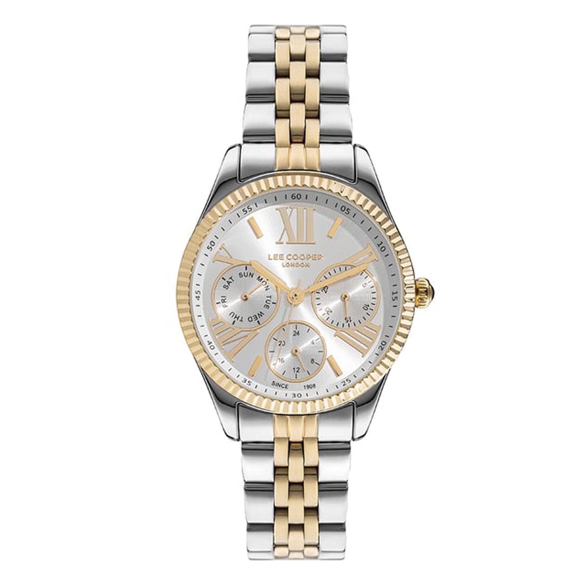 ساعة يد نسائية - ذهبي و فضي و مينا باللون الذهبي و الأبيض - بحزام ذهبي و فضي من الفولاذ المقاوم للصدأ لي كوبر Lee Cooper Women's Multi Function Watch