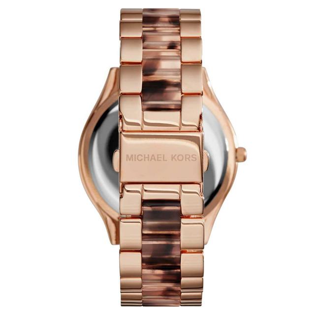 ساعة مايكل كورس سليم رنواي للنساء من الذهب الوردي وصدف السلحفاة  Michael Kors Mk4301 Slim Runway Rose Gold & Tortoiseshell Watch For Women - SW1hZ2U6MTgyMjA0Nw==