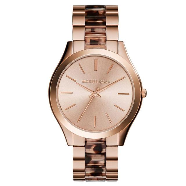 ساعة مايكل كورس سليم رنواي للنساء من الذهب الوردي وصدف السلحفاة  Michael Kors Mk4301 Slim Runway Rose Gold & Tortoiseshell Watch For Women - SW1hZ2U6MTgyMjA0NQ==