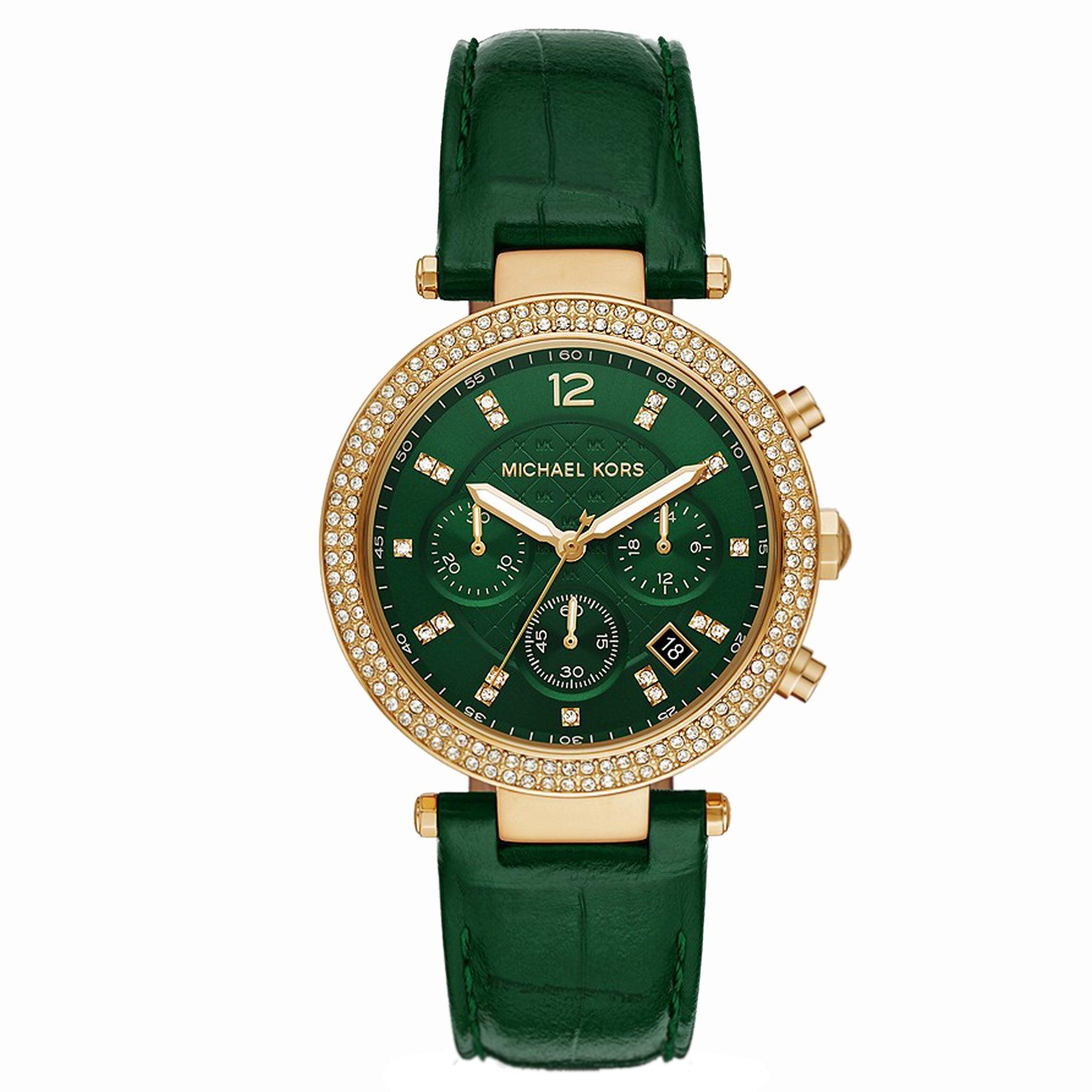 ساعة مايكل كورس باركر كرونوغراف للنساء جلدية باللون الاخضر Michael Kors Mk6985 Parker Chronograph Green Ladies Leather Watch