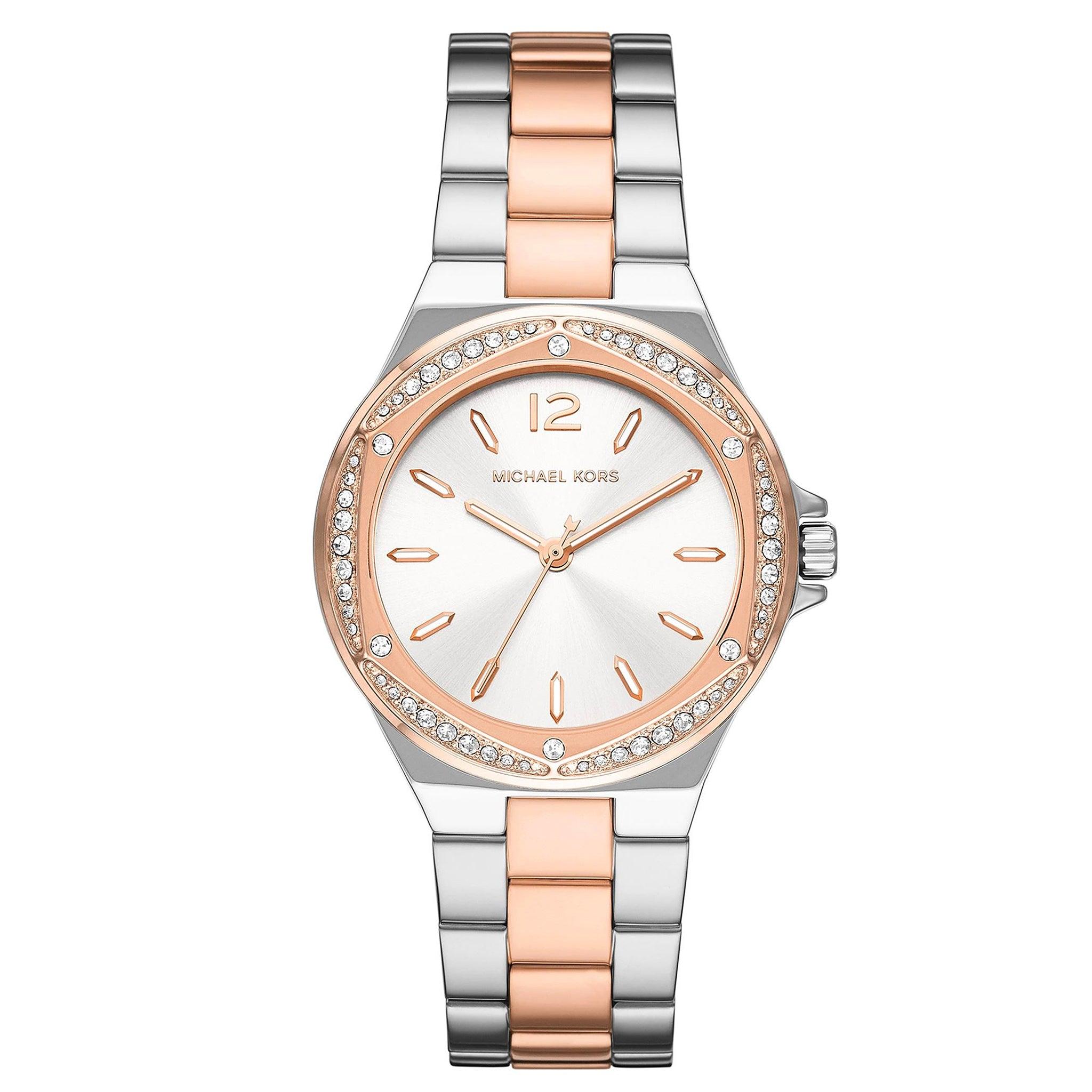 ساعة مايكل كورس لينوكس كوارتز للنساء بحزام ثنائي اللون من الستانلس ستيل Michael Kors Mk6989 Women's Lennox Quartz Watch With Stainless Steel Strap, Two-Tone