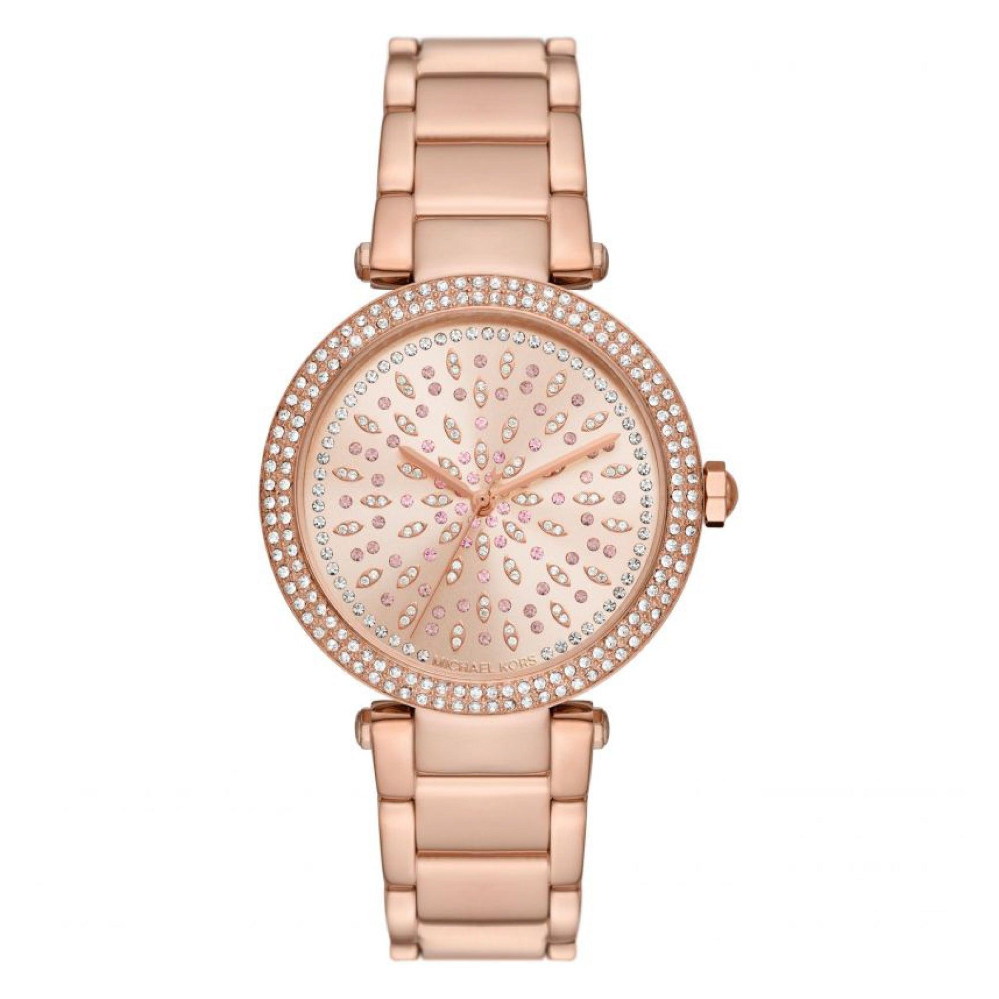 ساعة مايكل كورس باركر بثلاث عقارب ذهبية وردية اللون من الستانلس ستيل للنساء Michael Kors Parker Three-Hand Rose Gold-Tone Stainless Steel Watch - Mk7286