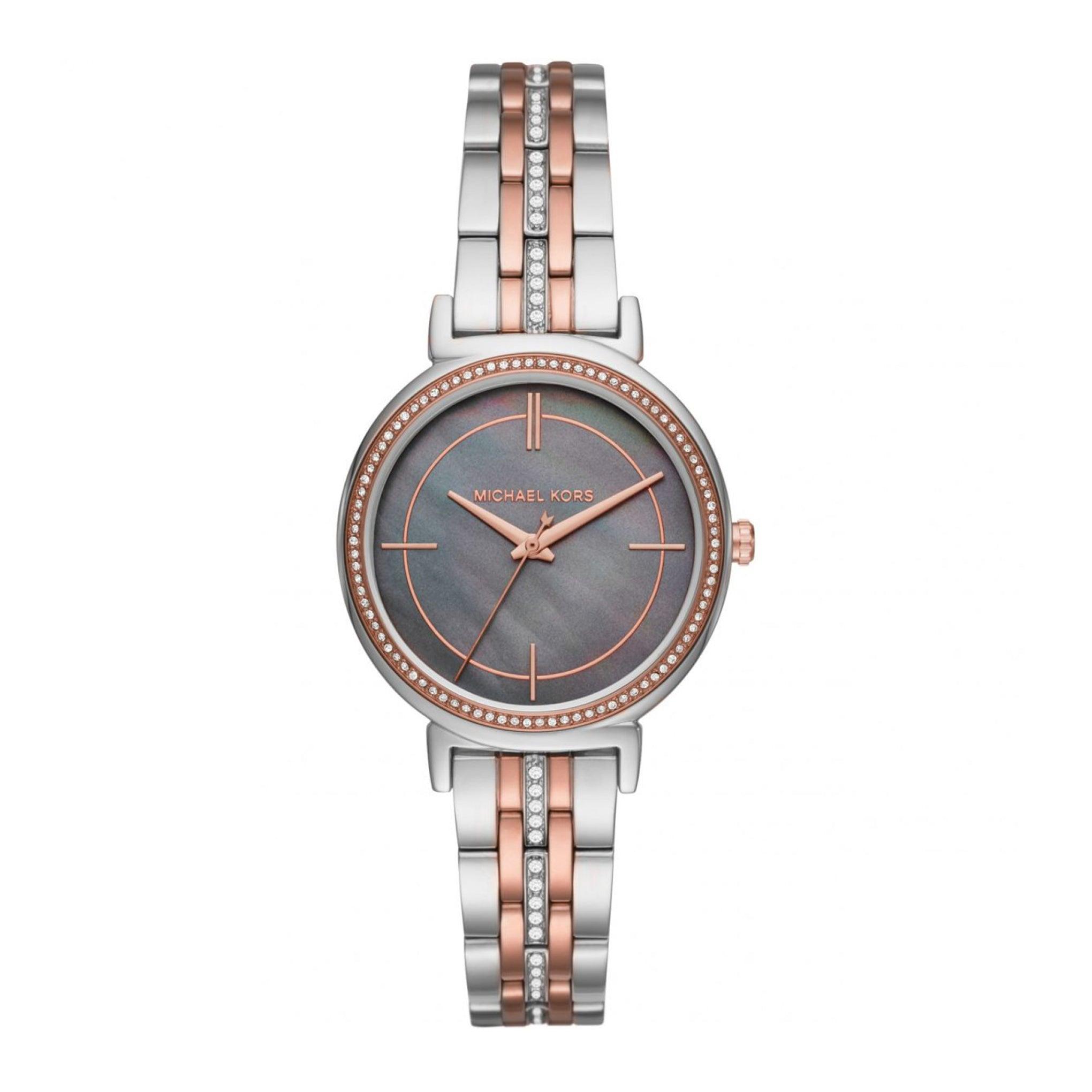 ساعة مايكل كورس سينثيا للنساء بمينا ام اللؤلؤ باللون الرمادي الداكن Michael Kors Women's Cinthia Grey Mother Of Pearl Dial Stainless Steel Ban Watch - Mk3642