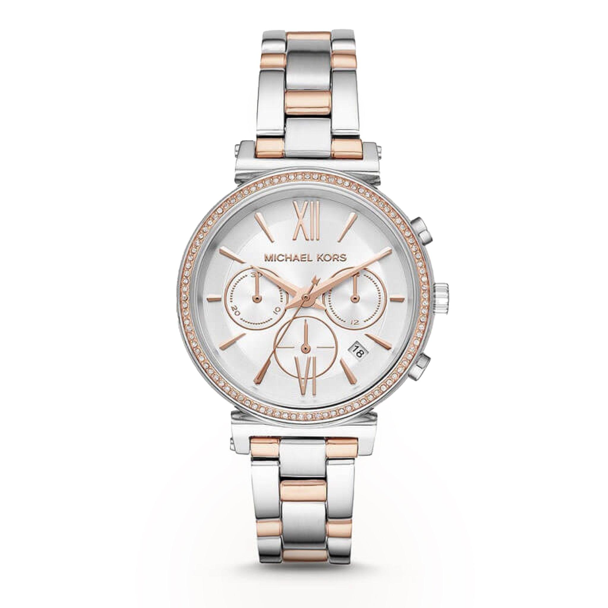 ساعة مايكل كورس كوارتز للنساء ستانلس ستيل بمينا أبيض Michael Kors Women's Quartz Stainless Steel White Dial 39mm Watch Mk6558