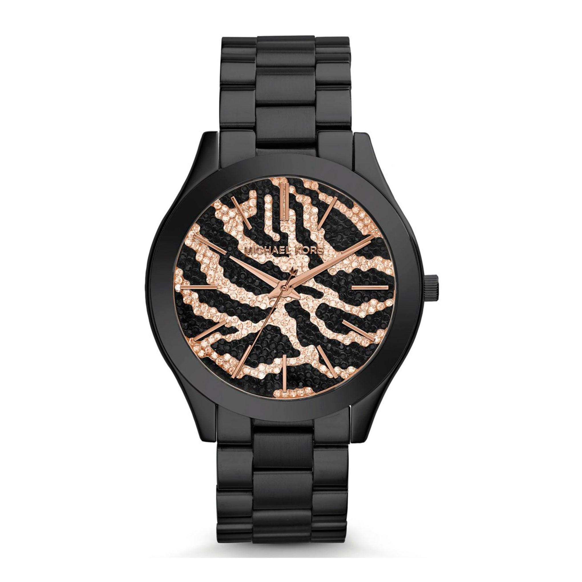 ساعة مايكل كورس سليم رنواي للسيدات بلون ذهبي وردي مع نمط الحمار الوحشي Michael Kors Women's Slim Runway Rose Gold-Tone Pave With Zebra Pattern Watch Mk3316