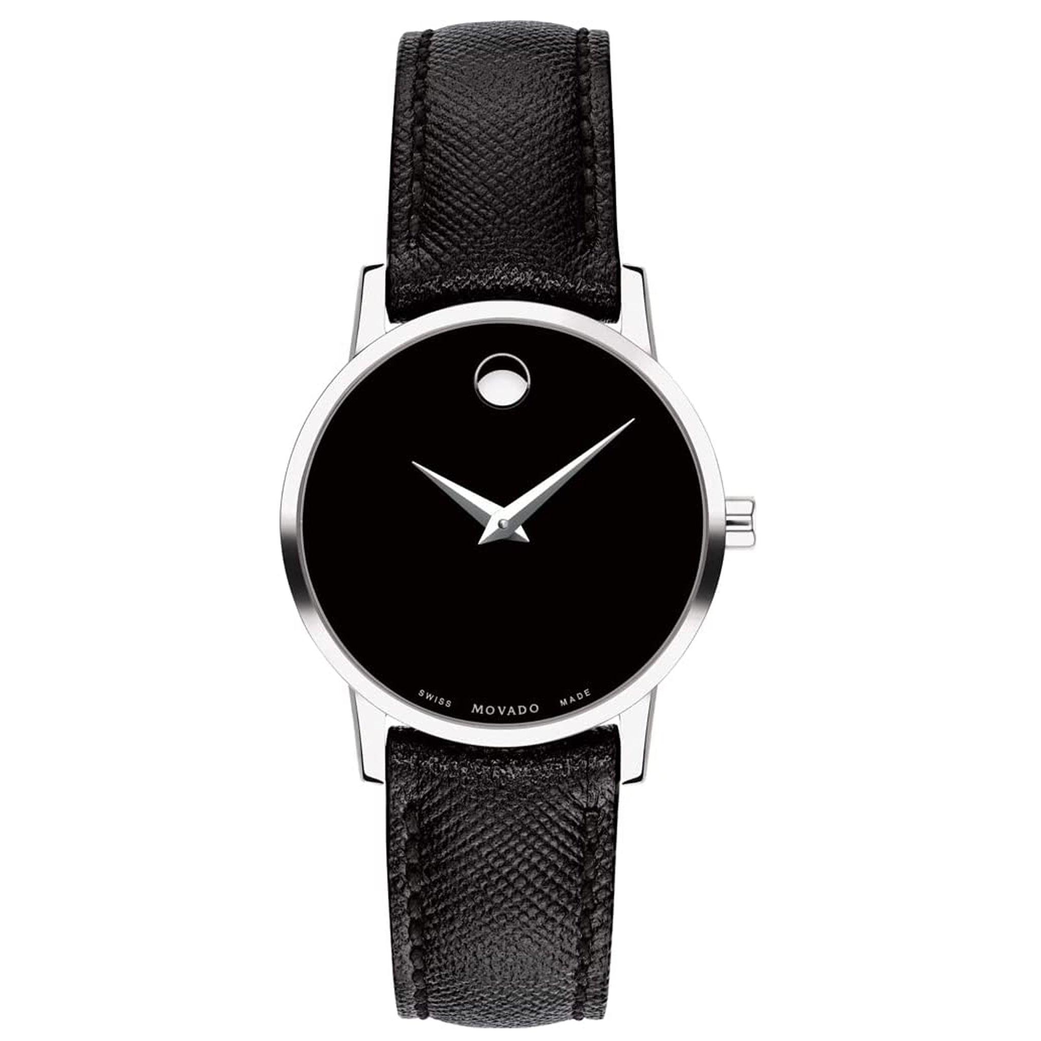 Movado 0607204 Womens Museum Classic Silver Stainless Steel Quartz Black Dial Silver Case Black Leather Band Watch