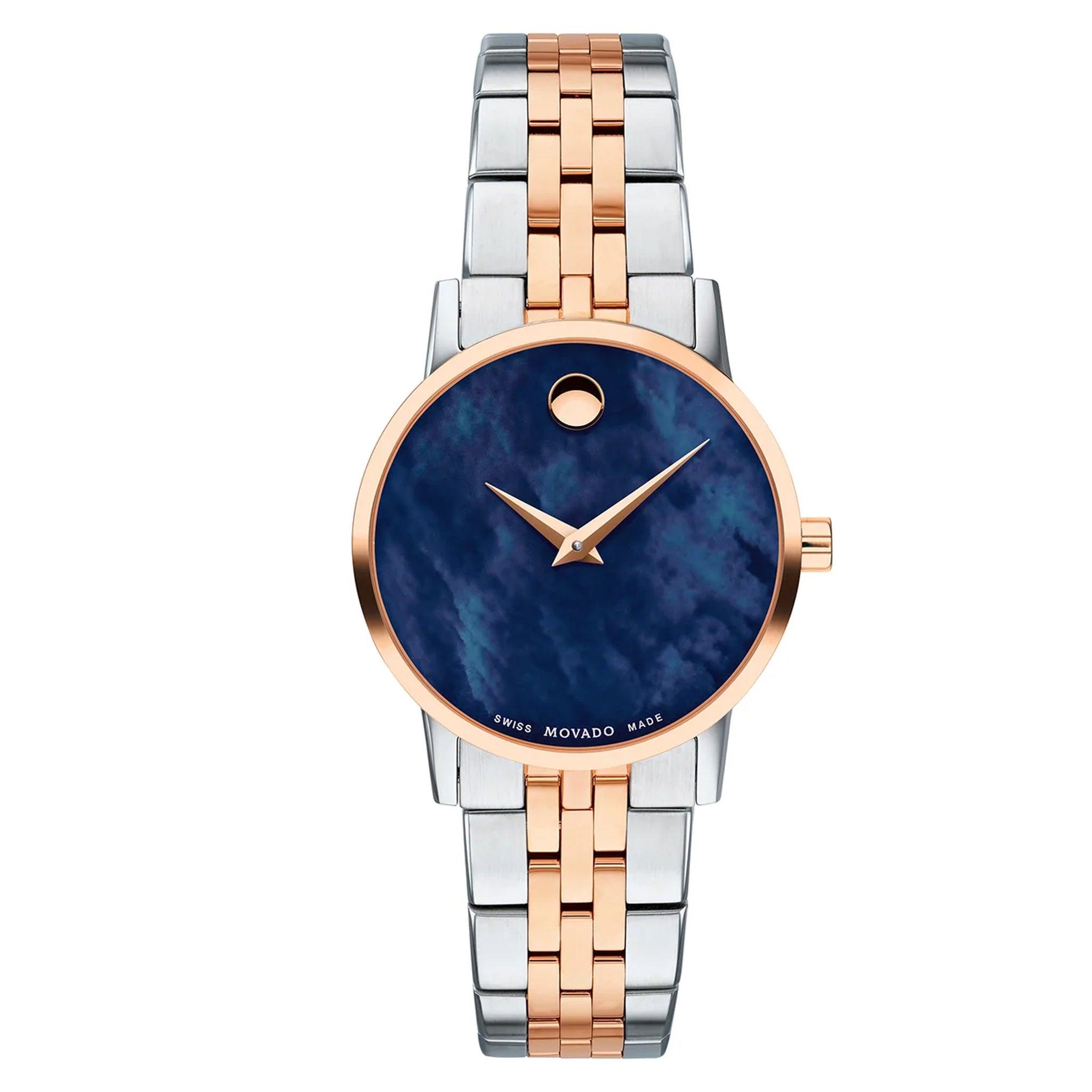 ساعة نسائية ستانلس ستيل فضي/وردي ذهبي موفادو Movado 0607268 Museum Classic Analog Blue Dial Stainless Steel & Silver/Rose Gold Women's Watch