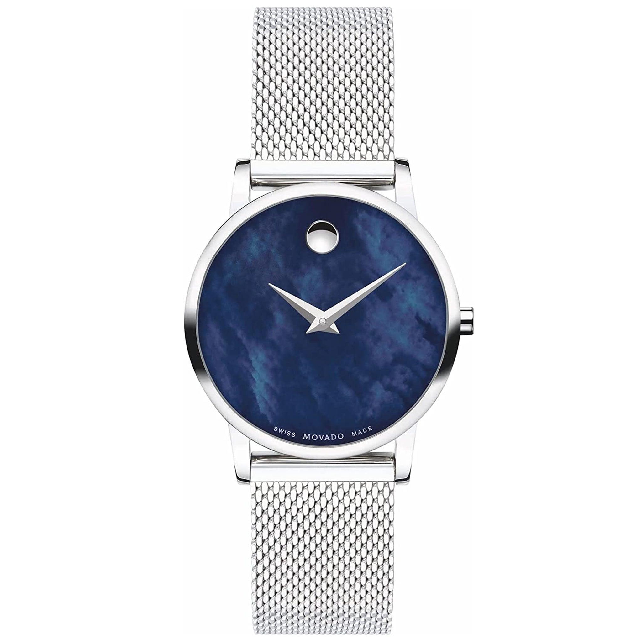 ساعة نسائية ستانلس ستيل أزرق موفادو Movado 0607425 Museum Classic Blue Mother Of Pearl Dial Stainless Steel Mesh Bracelet Women's Watch