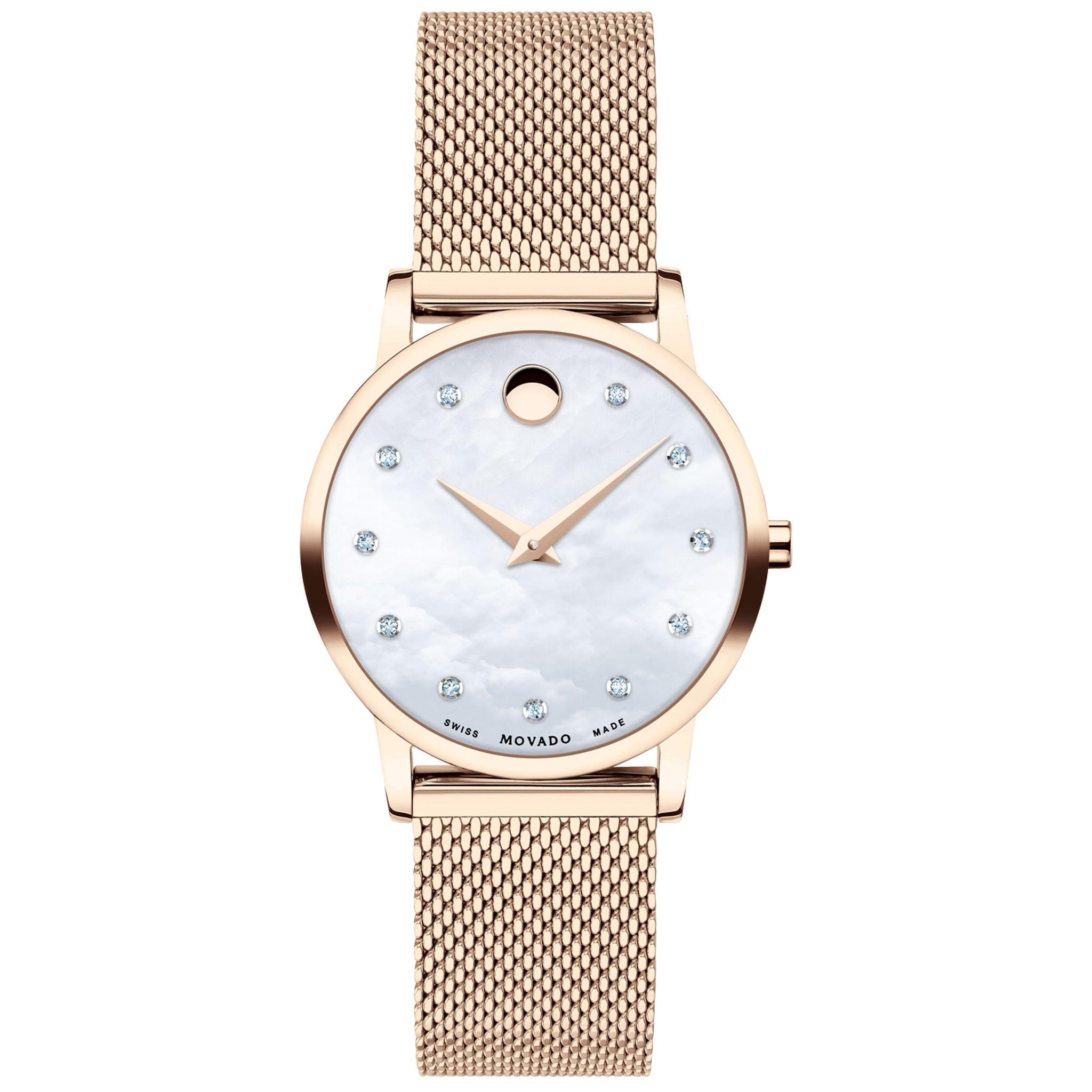 ساعة نسائية سوار ستانلس ستيل شبكي وردي ذهبي موفادو Movado 0607492 Museum Classic, 28 Mm Pale Rose Gold Pvd-Finished Stainless Steel Case And Mesh Bracelet Women's Watch With White Mother-Of-Pearl Dial & 11 Diamond Markers