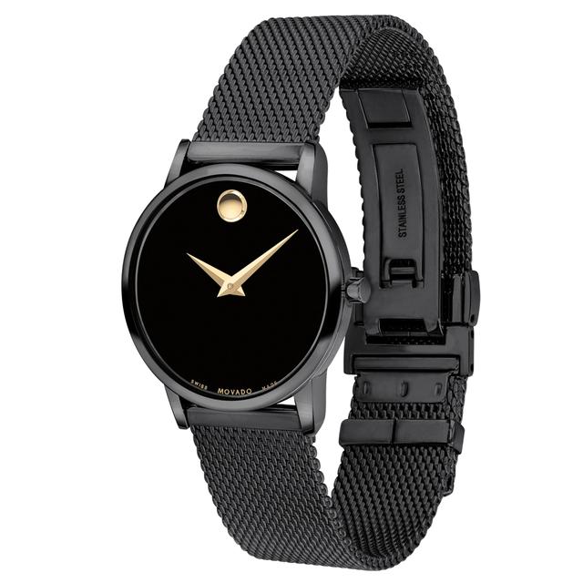 ساعة نسائية ستانلس ستيل سوار شبكي أسود موفادو Movado 0607493 Women's Classic Stainless Steel Watch With A Concave Dot Museum Dial, Black - SW1hZ2U6MTgxNTg3Mw==