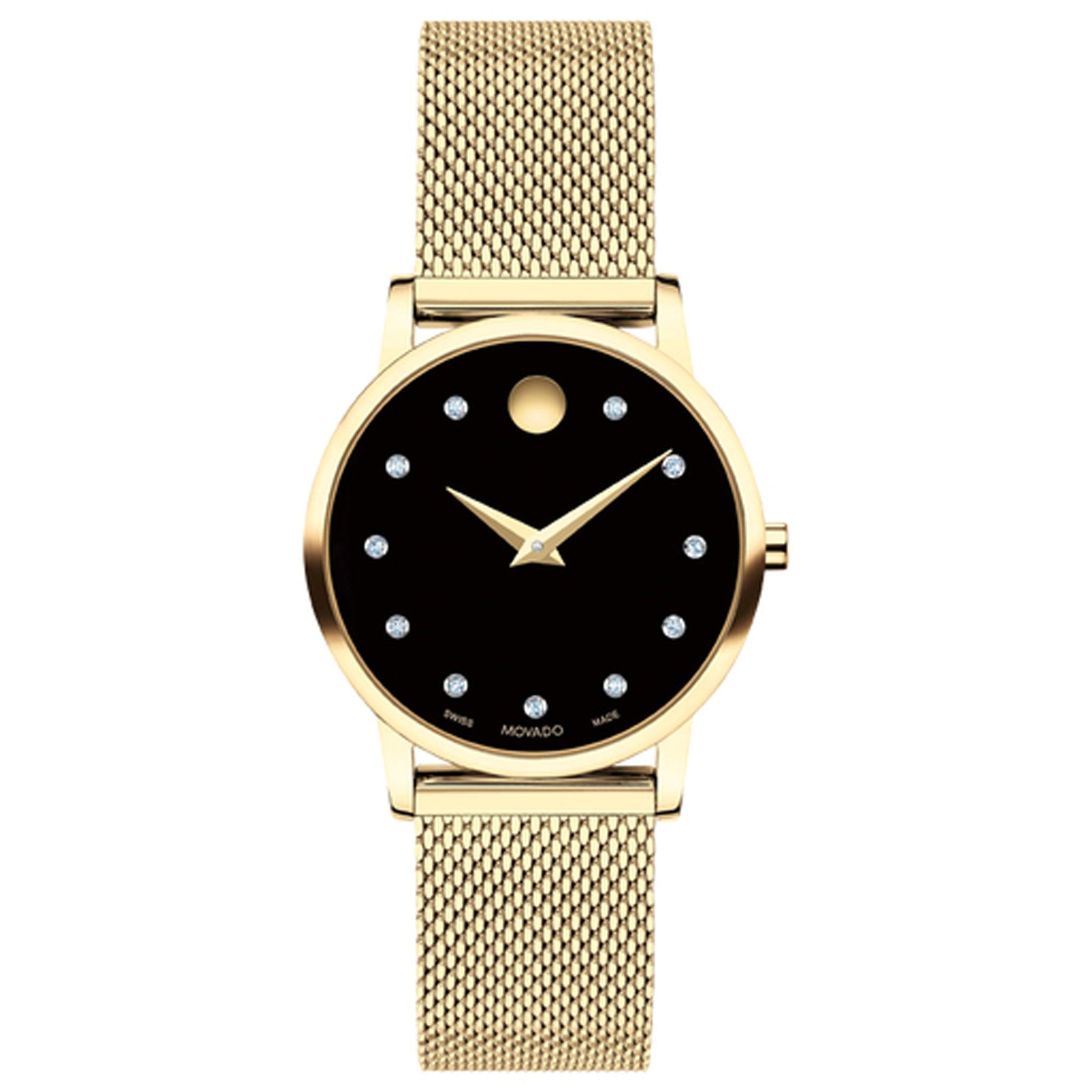 ساعة نسائية ستانلس ستيل سوار شبكي أصفر موفادو Movado 0607628 Museum Classic Diamond Watch With 28mm Case And A Minimalist Mesh Strap, All In Gleaming Yellow Gold Pvd.