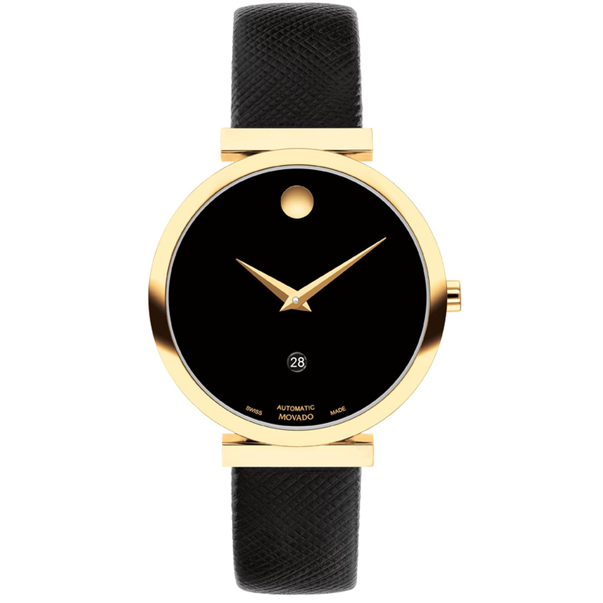 Movado 0607676 Museum Classic Automatic Yellow Gold Pvd 32mm Case With A Chic Black Dial Saffiano Leather Strap Watch