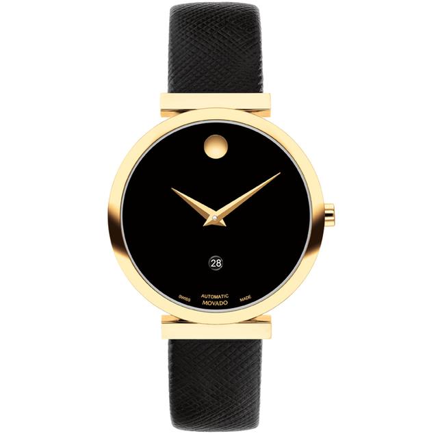 Movado 0607676 Museum Classic Automatic Yellow Gold Pvd 32mm Case With A Chic Black Dial Saffiano Leather Strap Watch - SW1hZ2U6MTgxNTQ2Nw==