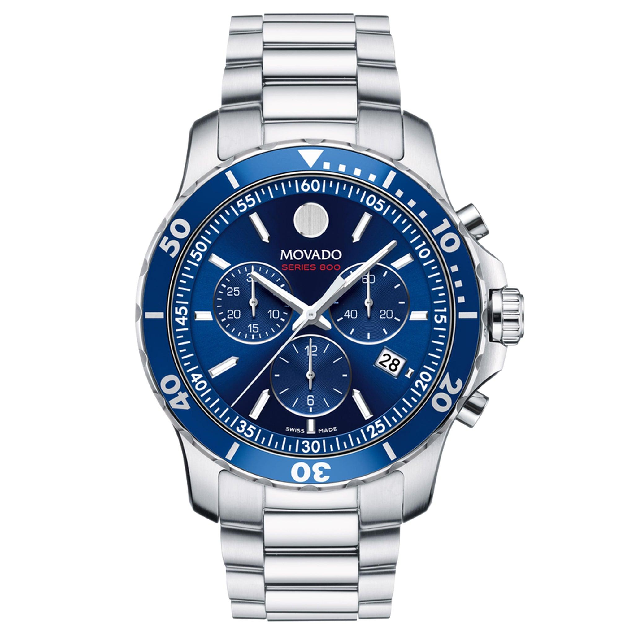 ساعة موفادو800 رياضية كرونوغراف بمينا مؤشرة مطبوعة باللون الأزرق للرجال Movado 2600141 Men's Series 800 Sport Chronograph Watch With Printed Index Dial Blue