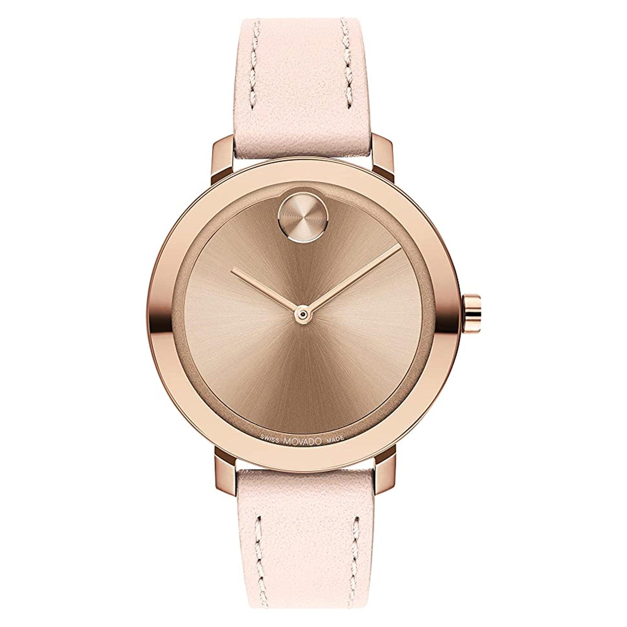 Movado 3600889 Women's Ionic Plated Carnation Gold Steel Swiss Quartz Watch With Nude Leather Strap