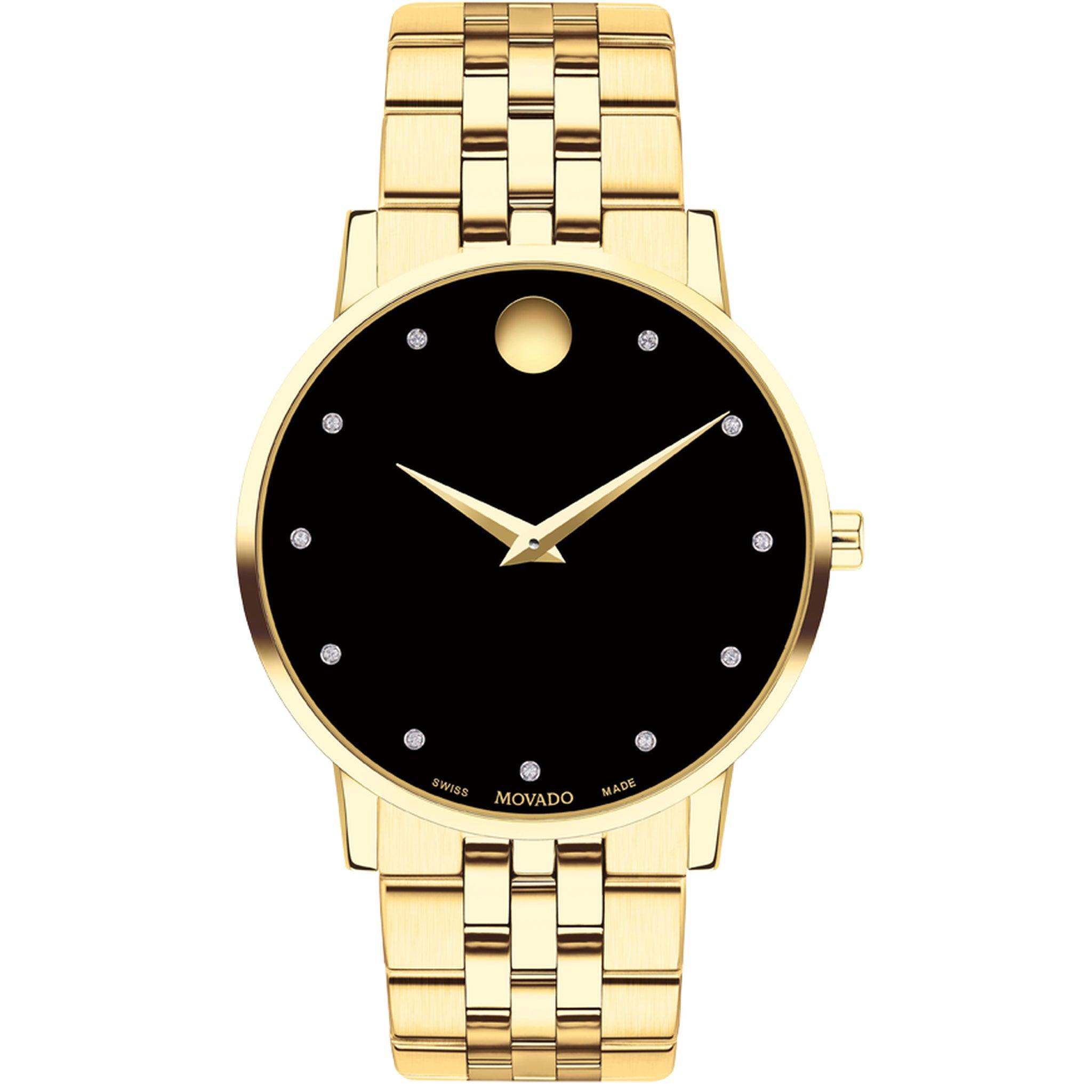 ساعة موفادو ميوزيوم كلاسيك للرجال بمينا اسود وحزام أصفر ذهبي بي في دي اس اس Movado Museum Classic Black Dial Yellow Gold-Tone Pvd Ss Link Bracelet Watch, 40mm - 0607625