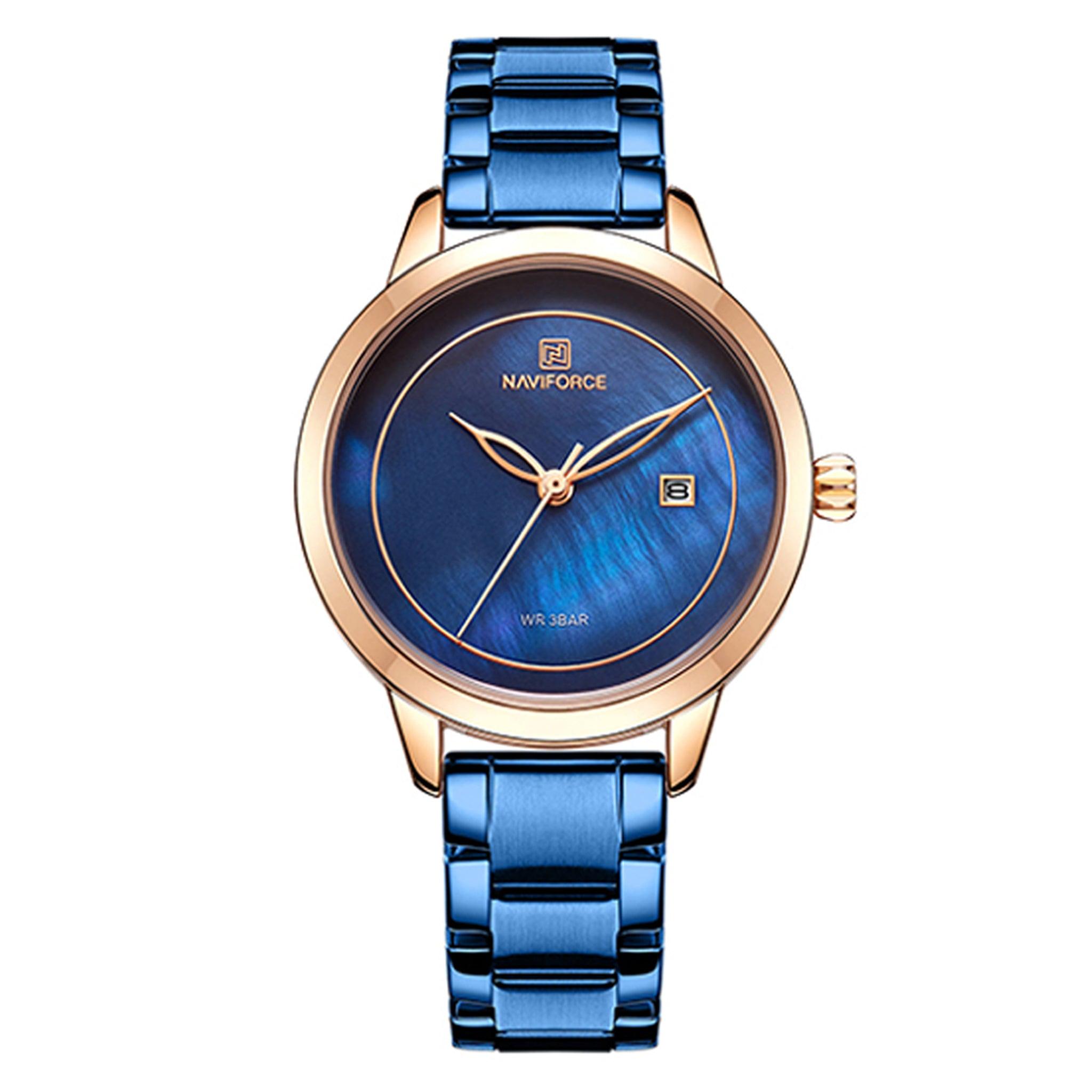 ساعة نسائية ستانلس ستيل نافيفورس Naviforce Nf5008 Brand Clock Steel Quartz Wristwatch Fashion For Women- Blue