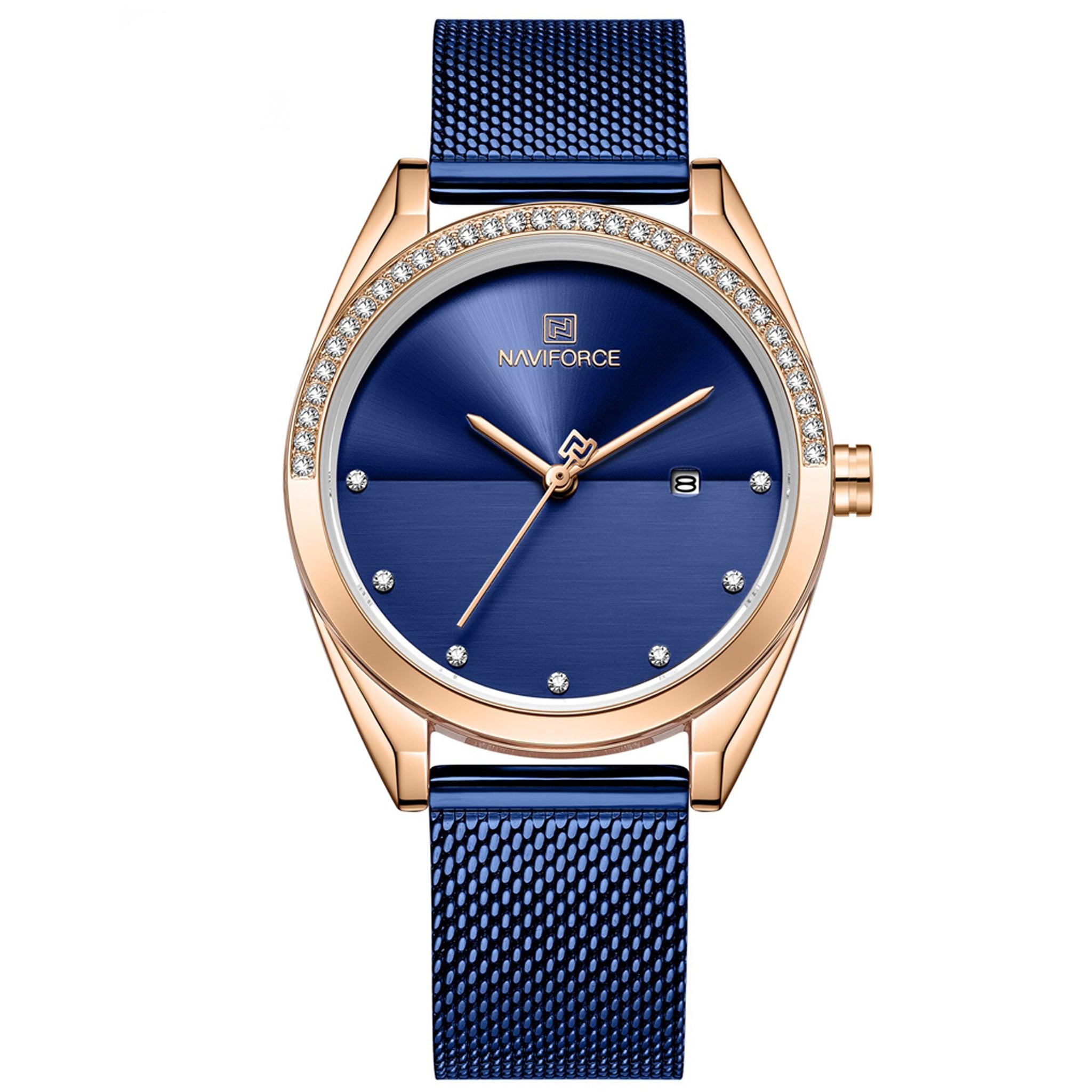 ساعة نسائية ستانلس ستيل أزرق نافي فورس Naviforce Nf5015 Analog Navy Blue Stainless Steel Watches For Women With Diamond Date Wristwatch