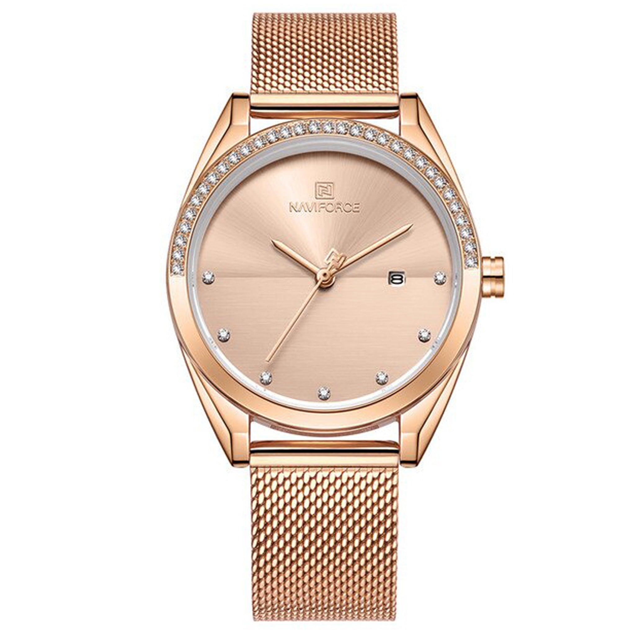 ساعة نسائية ستانلس ستيل وردي ذهبي نافي فورس Naviforce Nf5015 Analog Rose Gold Stainless Steel Watches For Women With Diamond Date Wristwatch