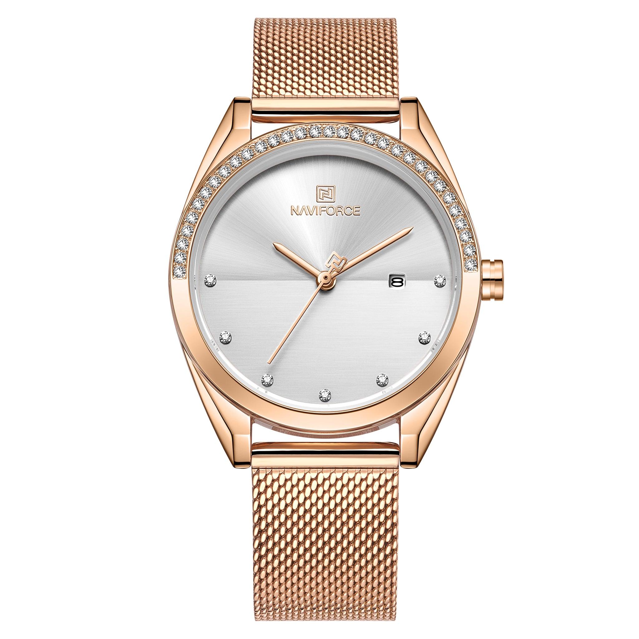 ساعة نسائية ستانلس ستيل وردي ذهبي/أبيض نافي فورس Naviforce Nf5015 Analog Rose Gold/ White Stainless Steel Watches For Women With Diamond Date Wristwatch