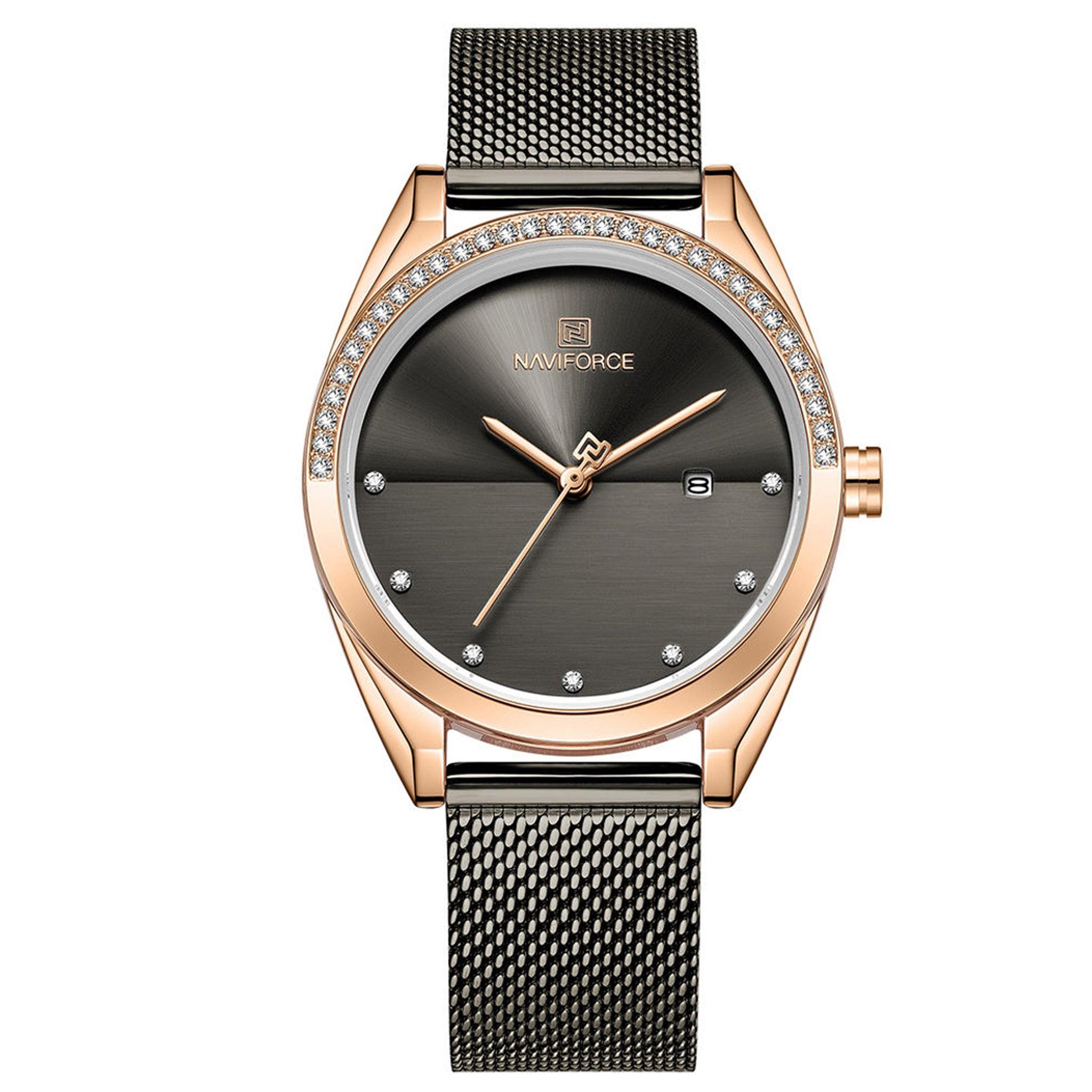 ساعة نسائية ستانلس ستيل نافيفورس Naviforce Nf5015 Analog Stainless Steel Watches For Women With Diamond Date Wristwatch