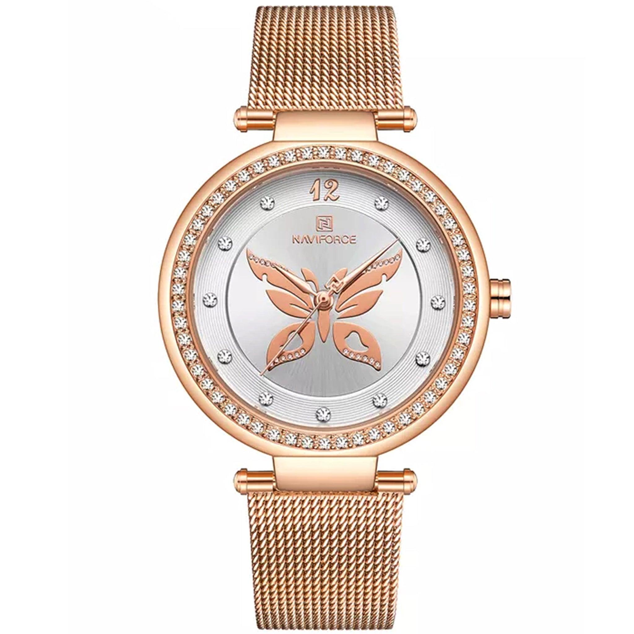 ساعة نسائية ستانلس ستيل وردي ذهبي نافي فورس Naviforce Nf5018 Elegant Butterfly Pattern Diamond Stainless Steel Mesh Strap Quartz Watch For Women Rose Gold/White