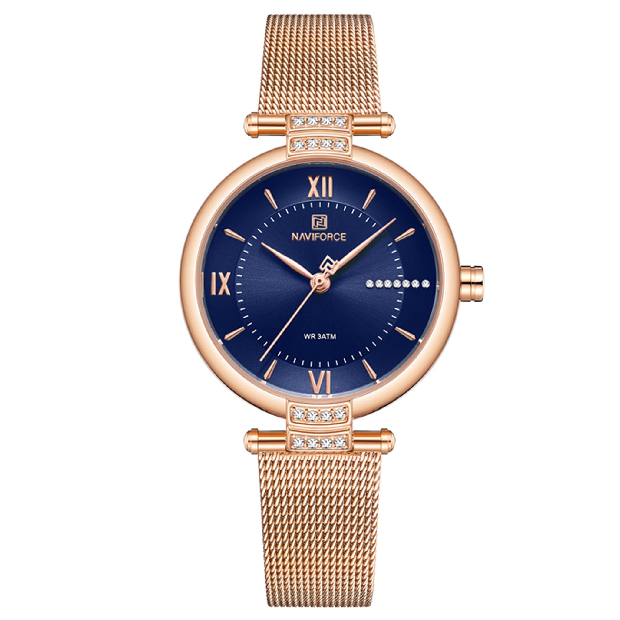 ساعة نسائية ستانلس ستيل وردي ذهبي/أزرق نافيفورس Naviforce Nf5019 Exclusive Edition Roman Numeral Quartz Watch For Women - Rose Gold/Blue