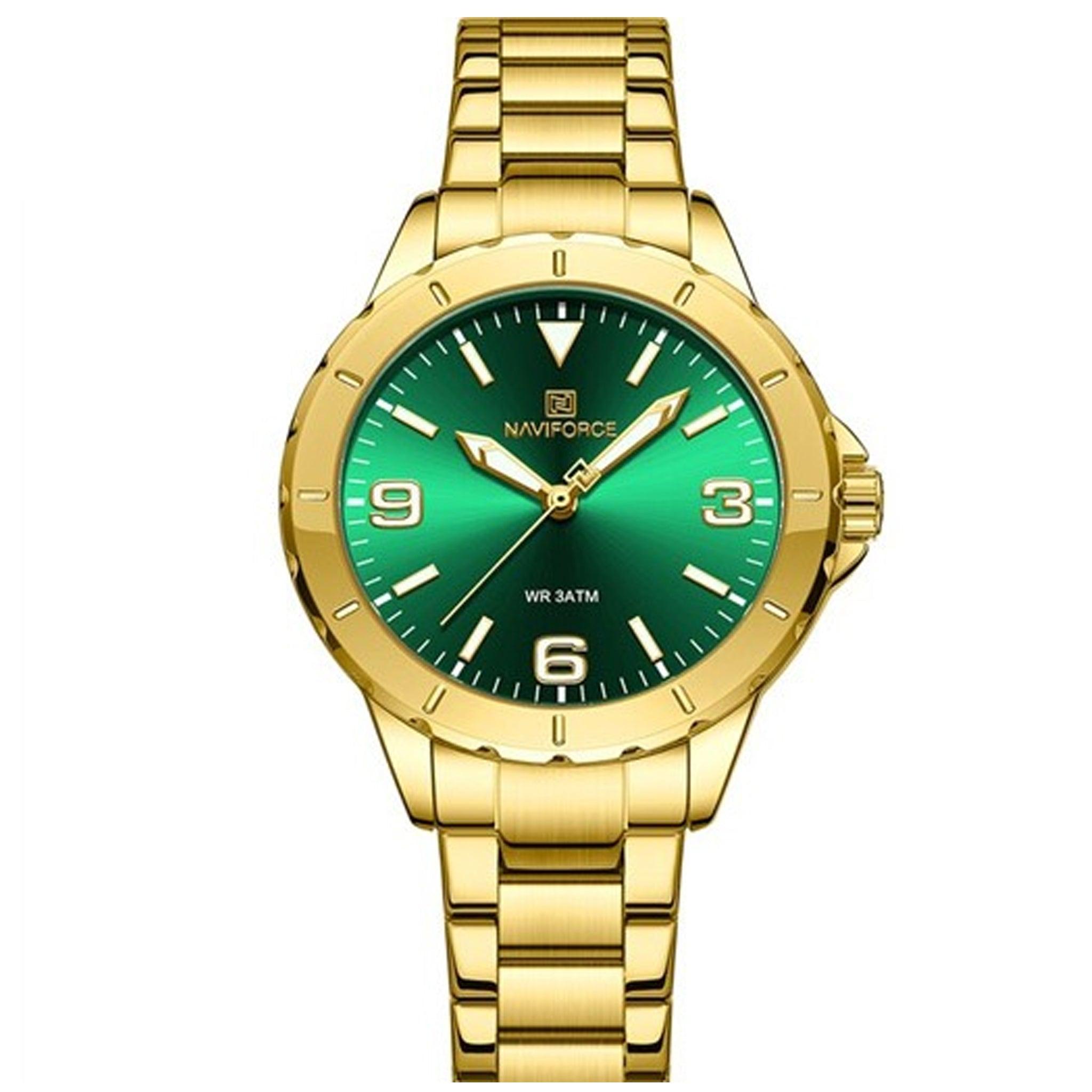 ساعة نسائية ستانلس ستيل نافيفورس WomensNaviforce Nf5022 Simple Quartz Waterproof Wristwatch, Gold/Green Fashion Casual Watches