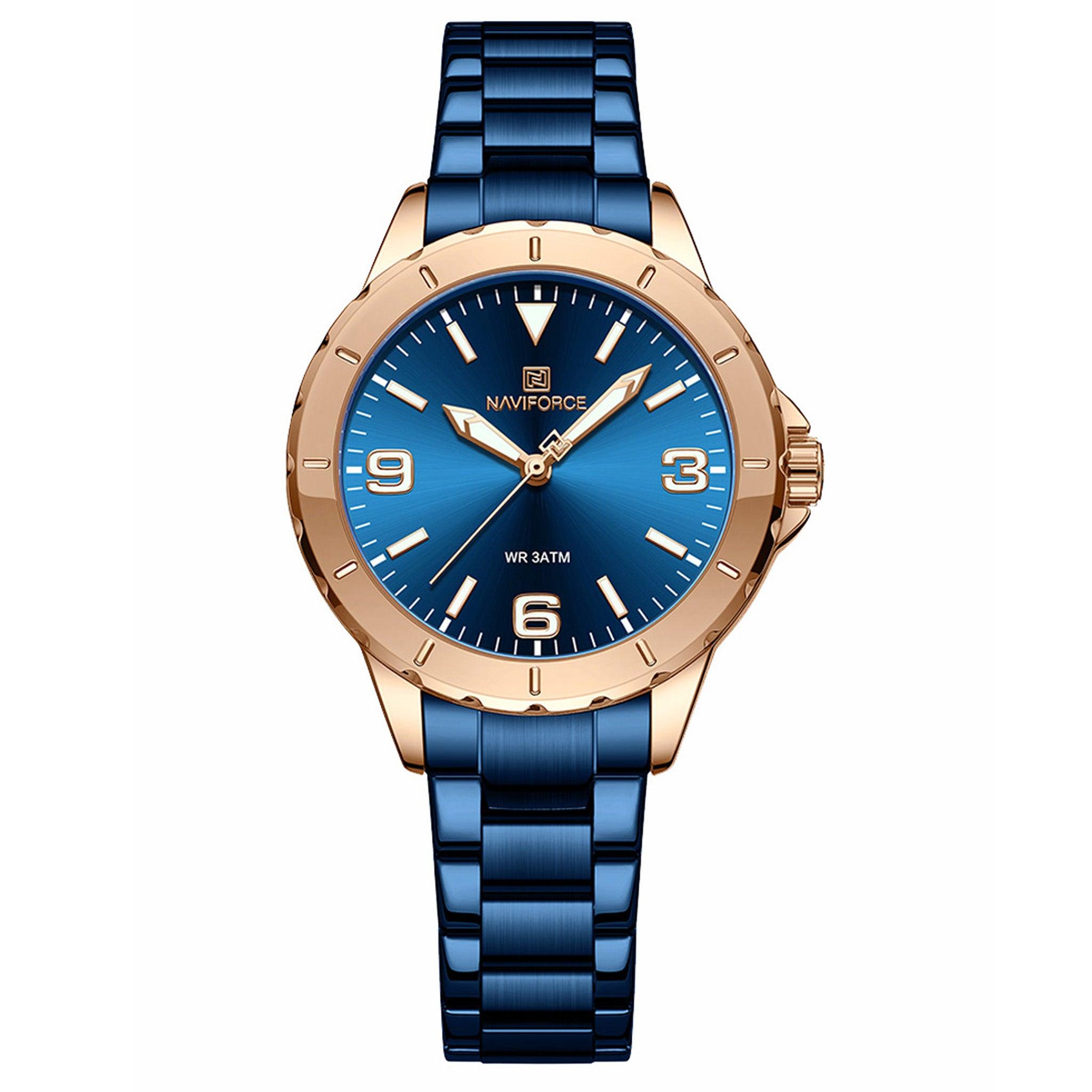 ساعة نسائية وردي ذهبي/أزرق نافي فورس Naviforce Nf5022 Simple Quartz Waterproof Wristwatch, Rose Gold/Blue Fashion Casual Watches