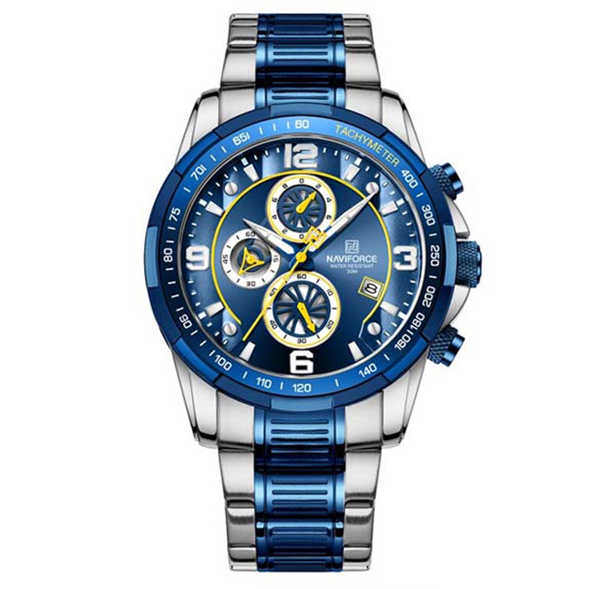 ساعة رجاليه ستانلس ستيل فضي/أزرق نافي فورس Naviforce Nf8020 Casual Multi-Function Quartz Wristwatch Stainless Steel Chronograph Silver/Blue Watch For Men