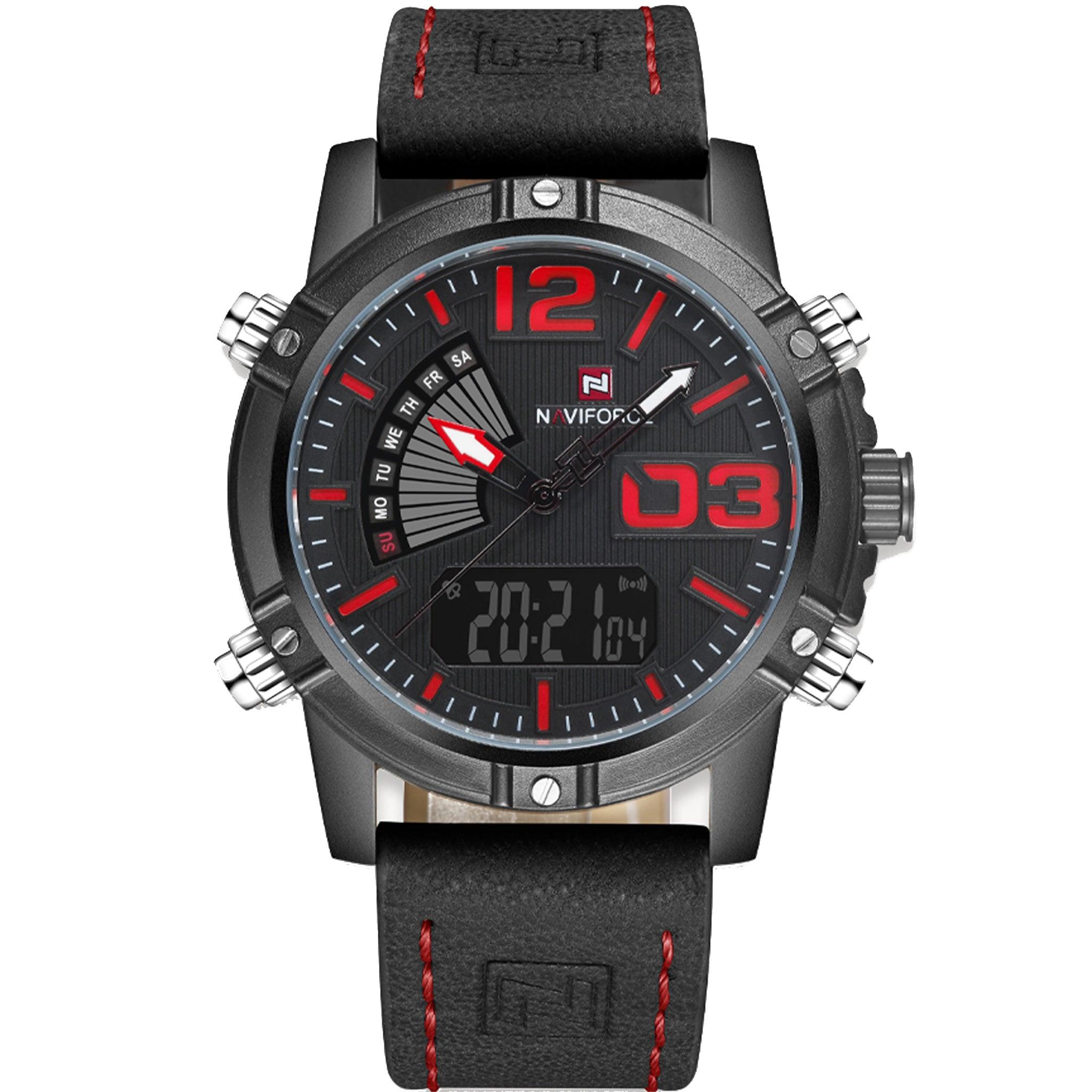 ساعة رجاليه سوار جلد أسود نافي فورس Naviforce Nf9095 Sport Military Luxury Analog-Digital Black Leather Wristwatch Casual For Men, With Dual Movt Calendar Led Light