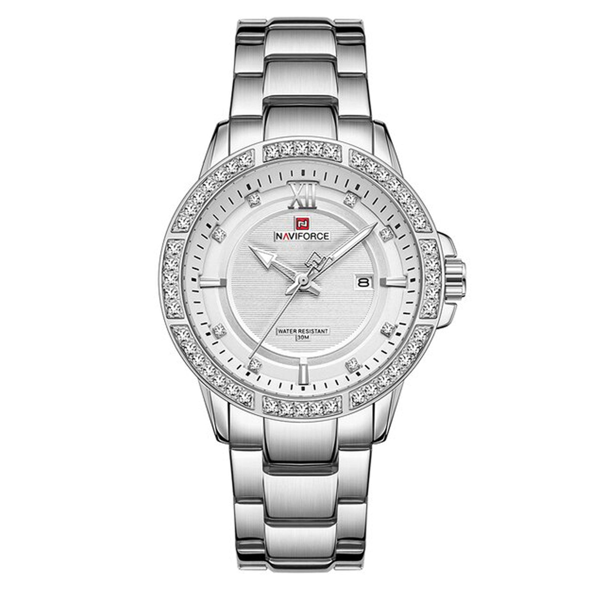 ساعة رجاليه ستانلس ستيل نافيفورس Naviforce Nf9187 Diamond Surrounded Date Function Stainless Steel Quartz Watches